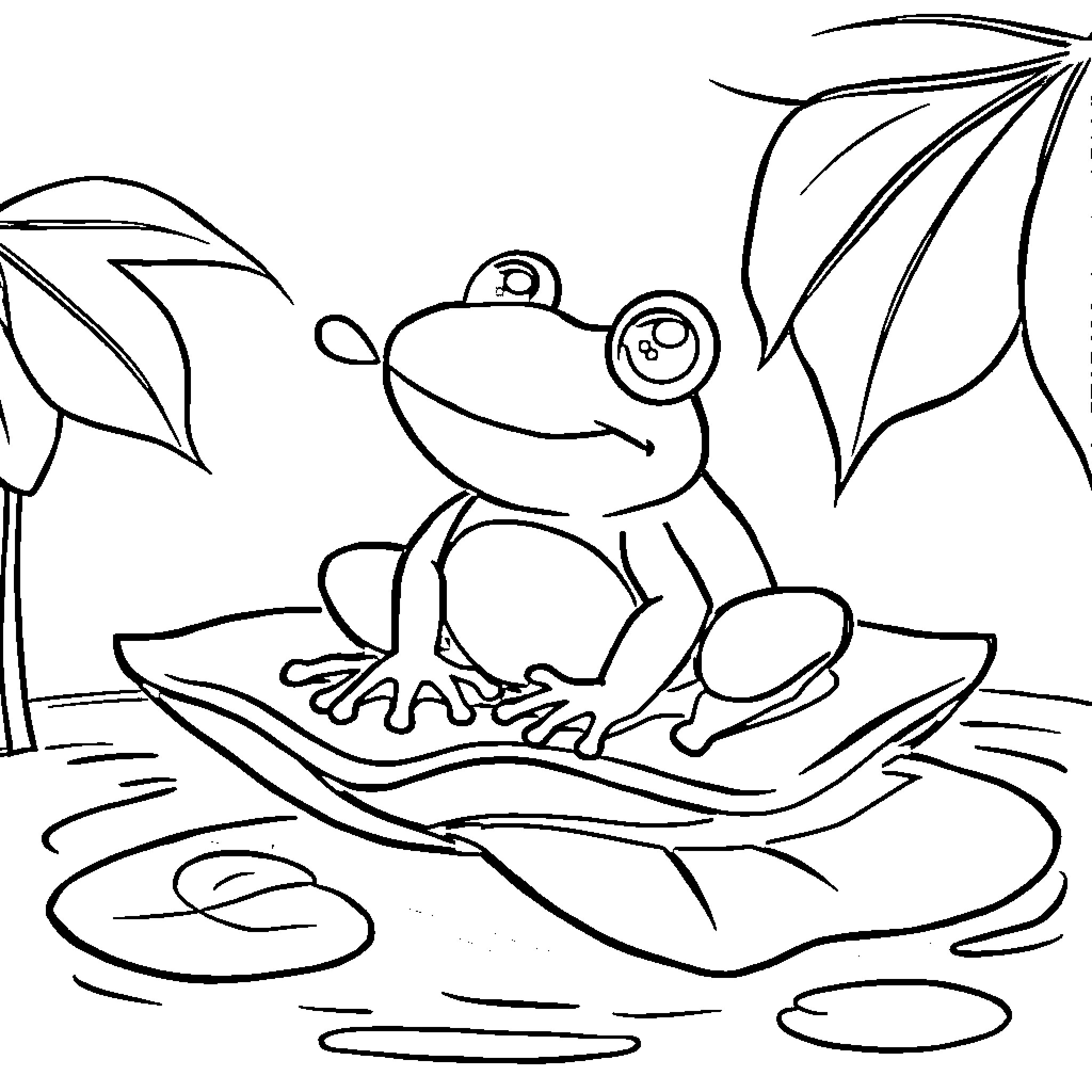 Frog relaxing on a lily pad Coloring Page (free black-and-white line drawing printable PDF for all, from beginners to advanced learners, including children, teens, adults, and seniors)