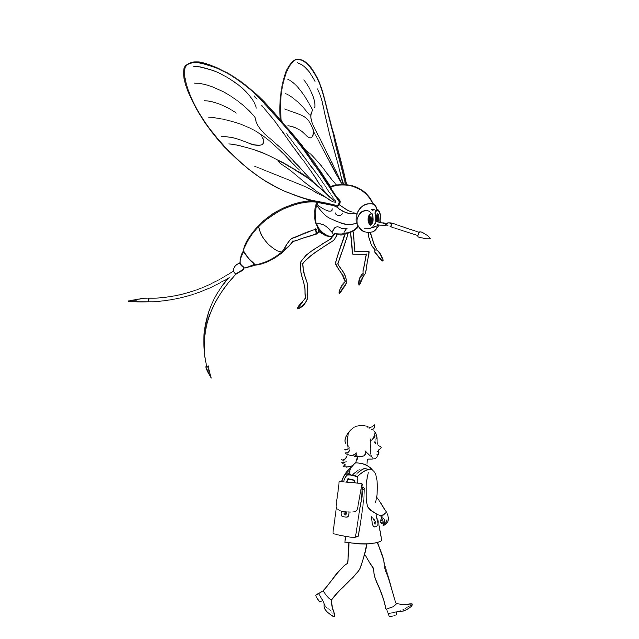 Mosquito hovering above a person walking Coloring Page (free black-and-white line drawing printable PDF for all, from beginners to advanced learners, including children, teens, adults, and seniors)