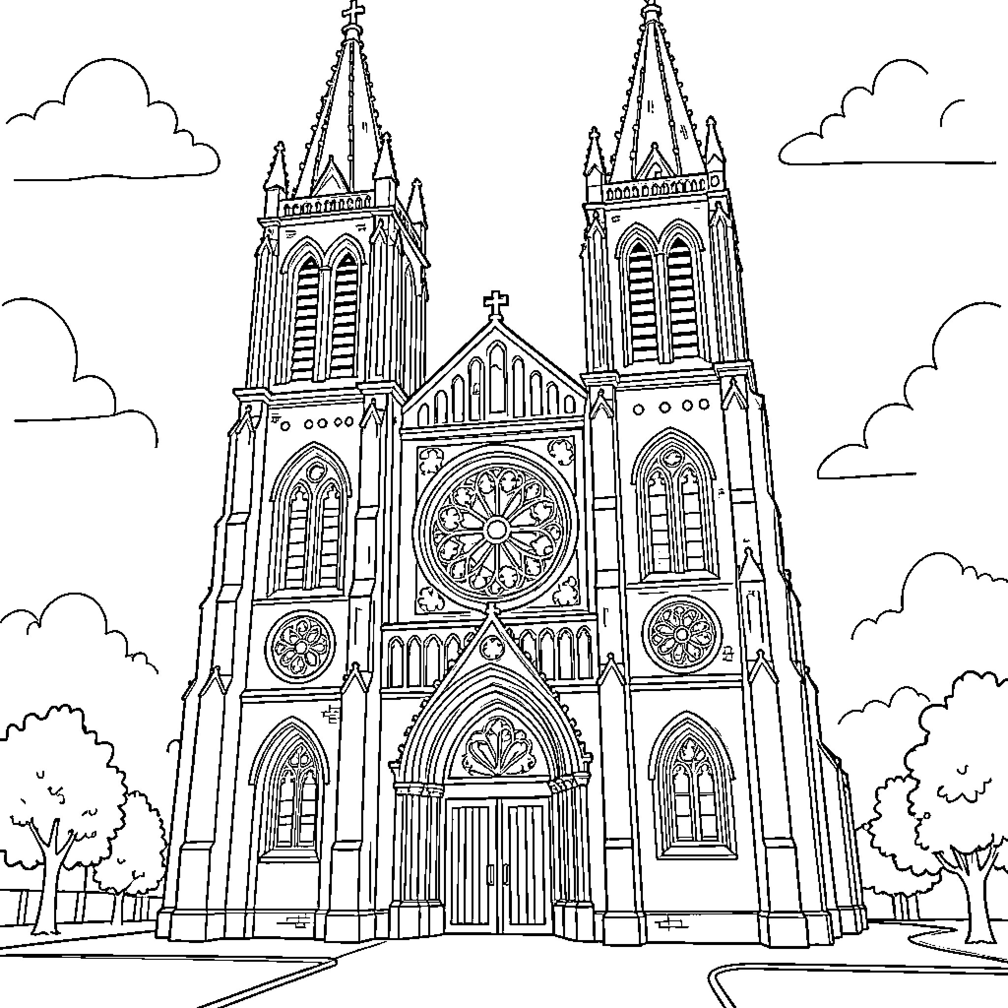Cathedral standing majestically amidst trees and clouds Coloring Page (free black-and-white line drawing printable PDF for all, from beginners to advanced learners, including children, teens, adults, and seniors)