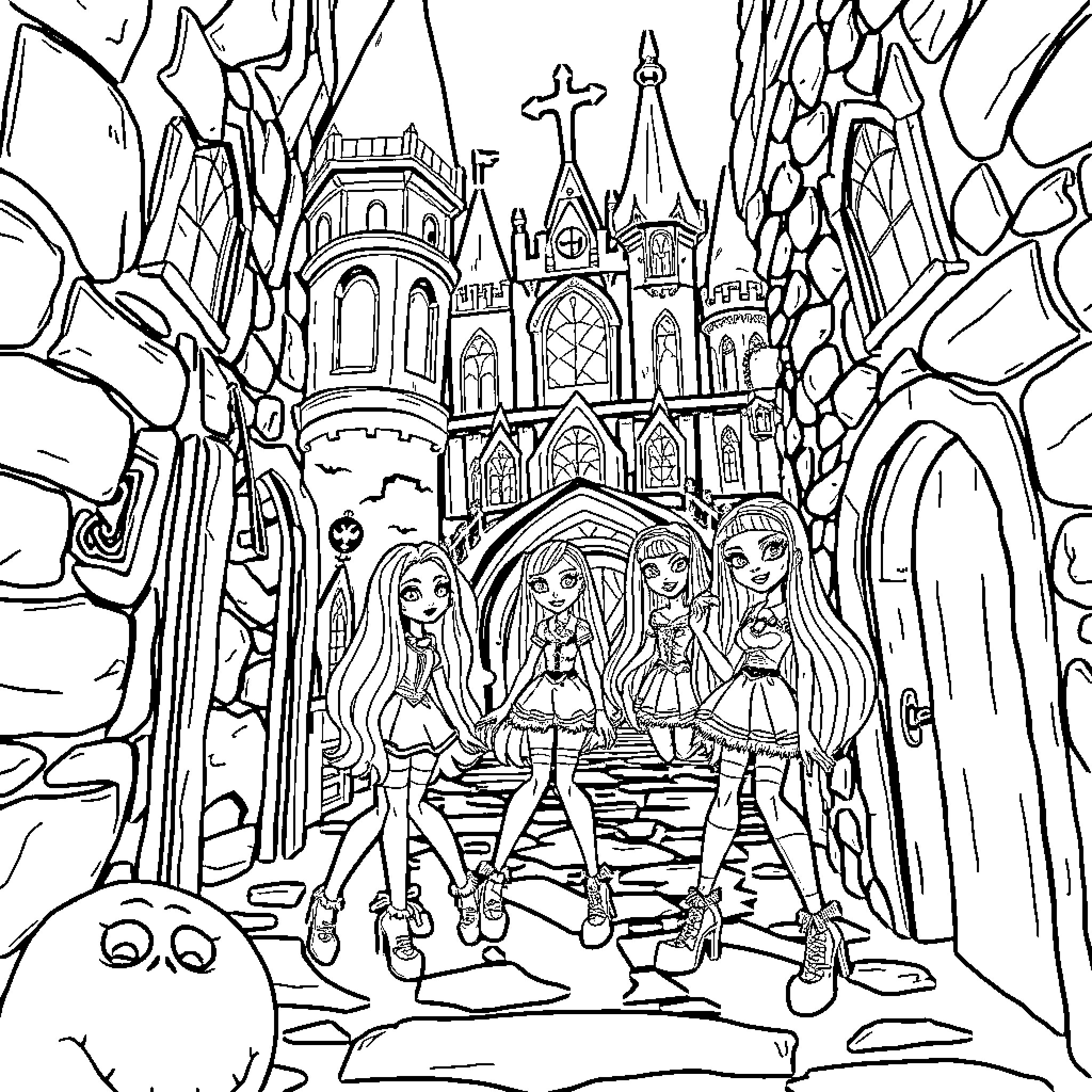 Monster High characters walking through a gothic castle courtyard Coloring Page (free black-and-white line drawing printable PDF for all, from beginners to advanced learners, including children, teens, adults, and seniors)