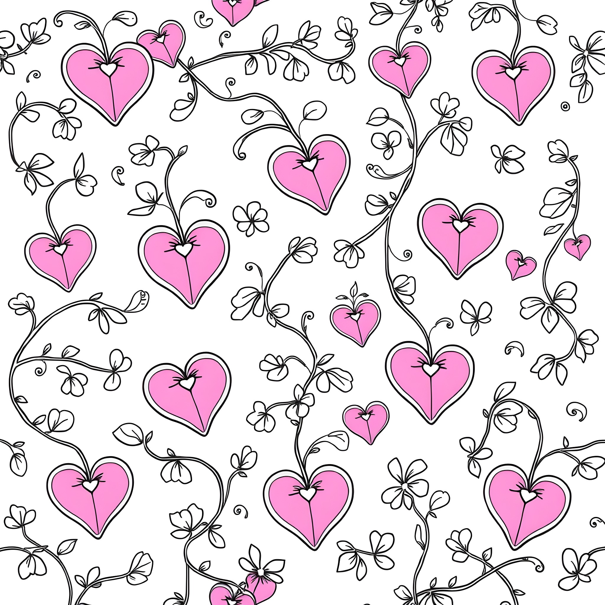 Pansyheart floral pattern with hearts and vines Coloring Page (free black-and-white line drawing printable PDF for all, from beginners to advanced learners, including children, teens, adults, and seniors)