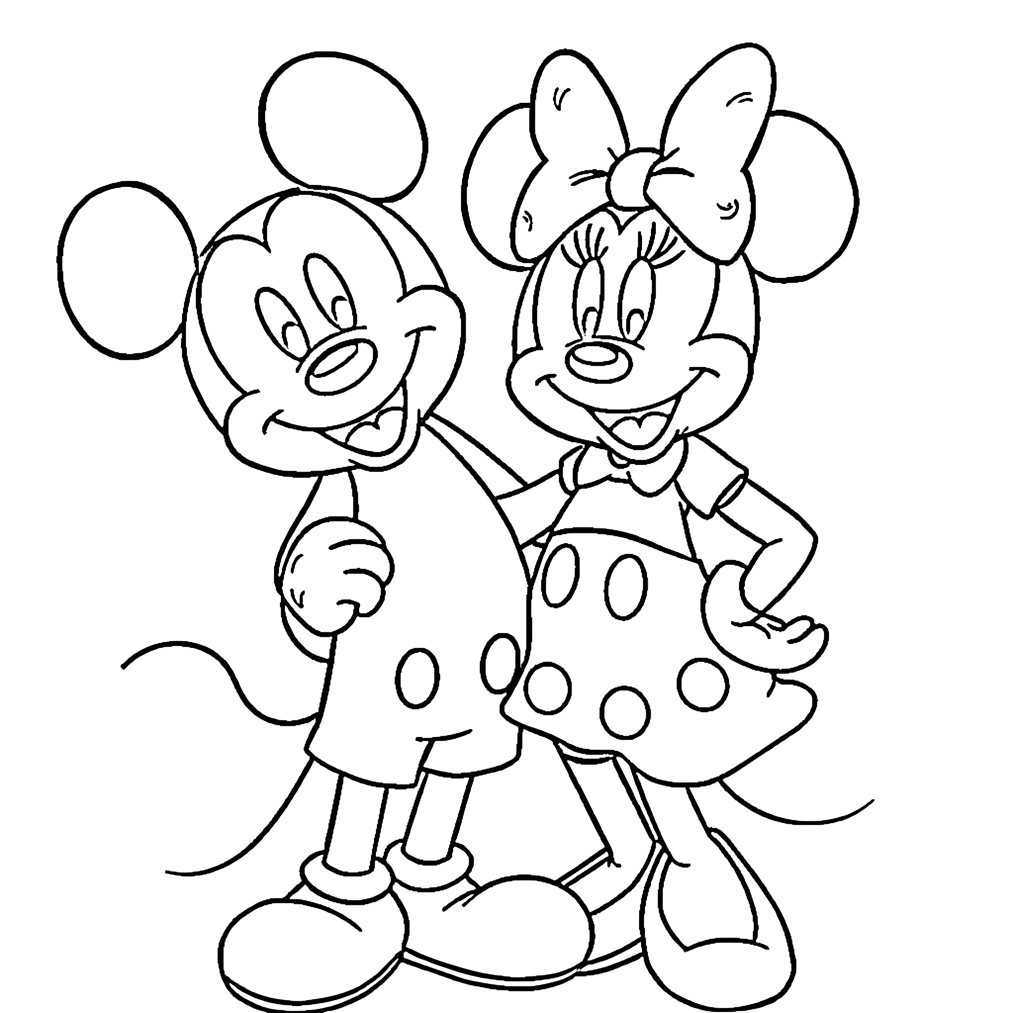 Mickey Mouse and Minnie Mouse posing together Coloring Page (free black-and-white line drawing printable PDF for all, from beginners to advanced learners, including children, teens, adults, and seniors)