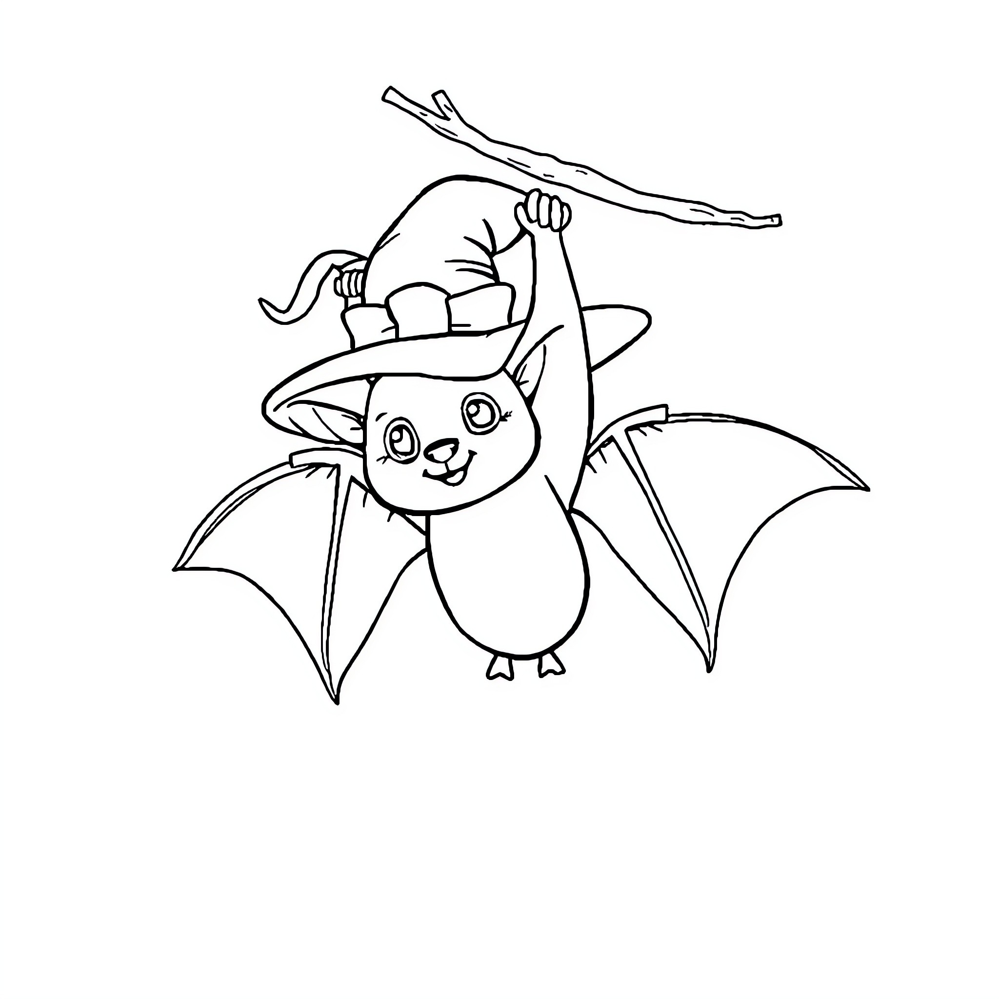 Bat playing joyfully with a branch Coloring Page (free black-and-white line drawing printable PDF for all, from beginners to advanced learners, including children, teens, adults, and seniors)
