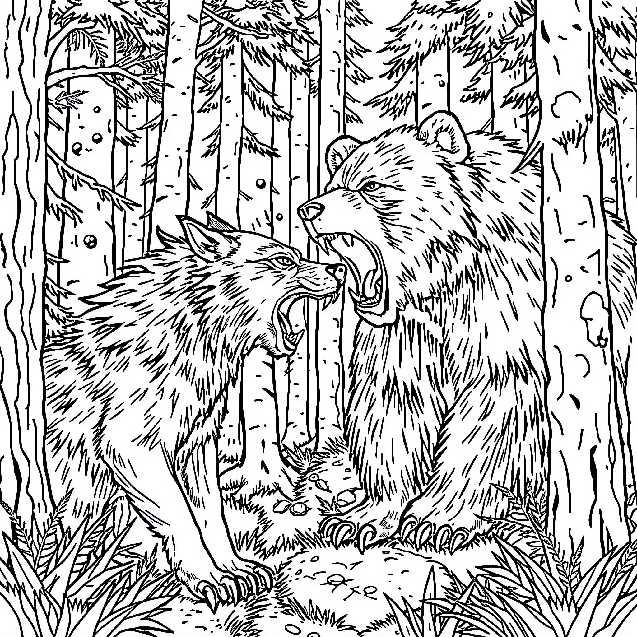 Wolf pack growling fiercely in the forest Coloring Page (free black-and-white line drawing printable PDF for all, from beginners to advanced learners, including children, teens, adults, and seniors)