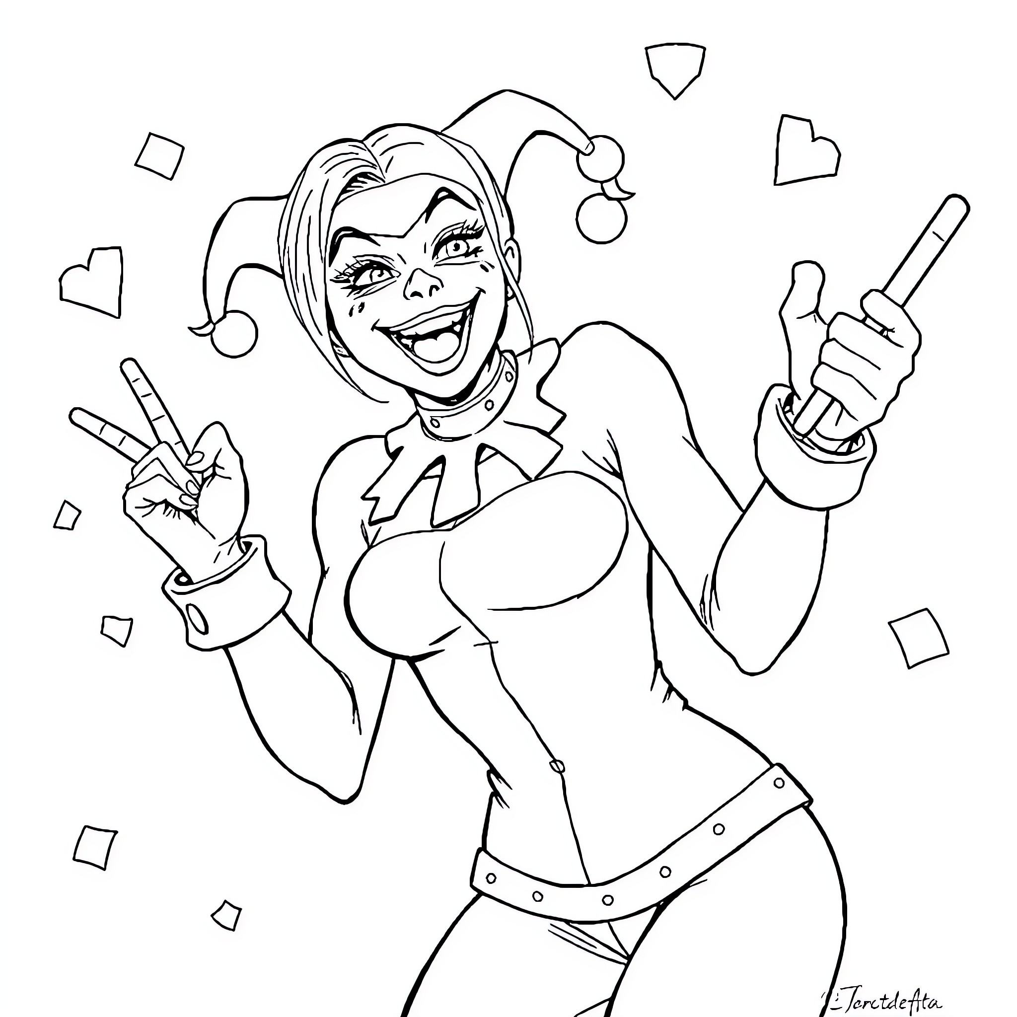 Harley Quinn posing playfully with peace signs Coloring Page (free black-and-white line drawing printable PDF for all, from beginners to advanced learners, including children, teens, adults, and seniors)