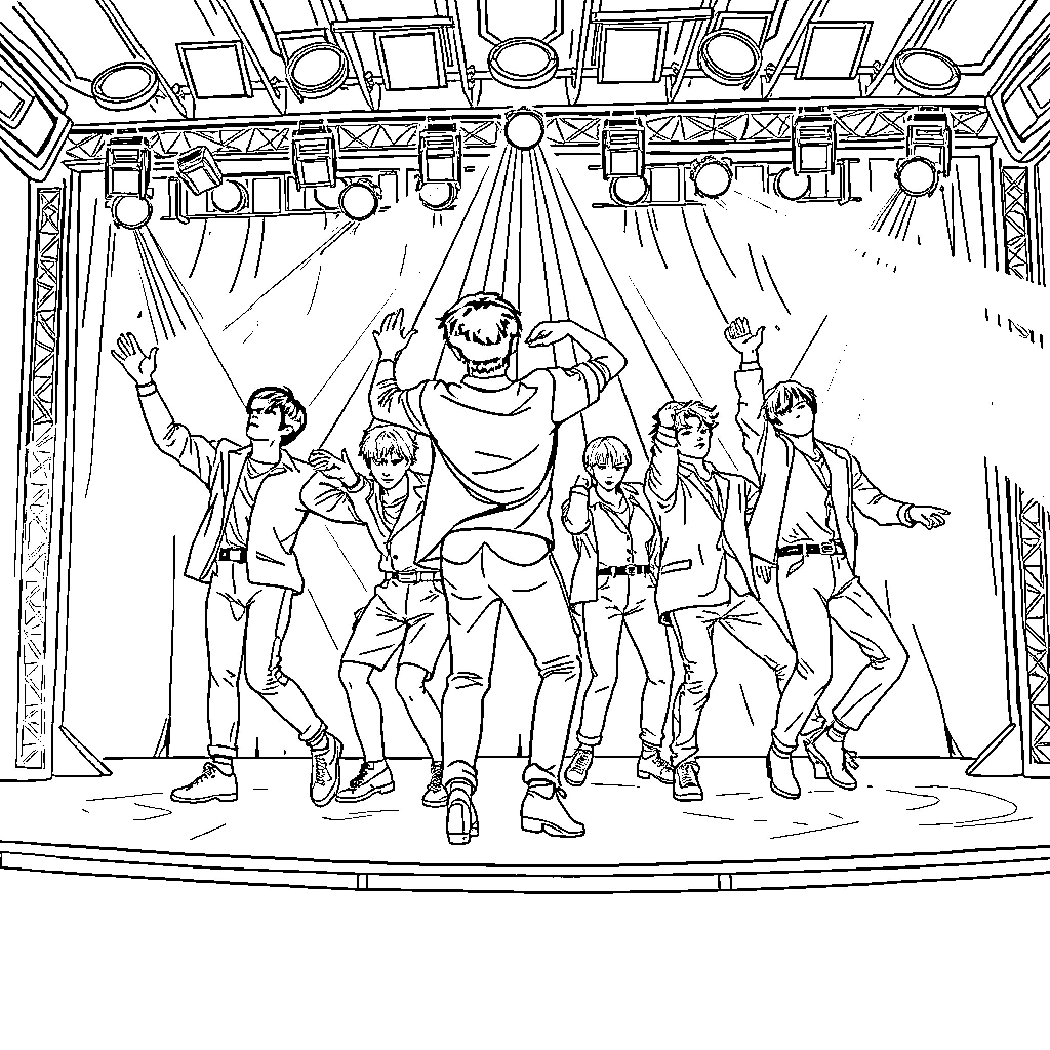 BTS Performing Together on Stage Coloring Page (free black-and-white line drawing printable PDF for all, from beginners to advanced learners, including children, teens, adults, and seniors)