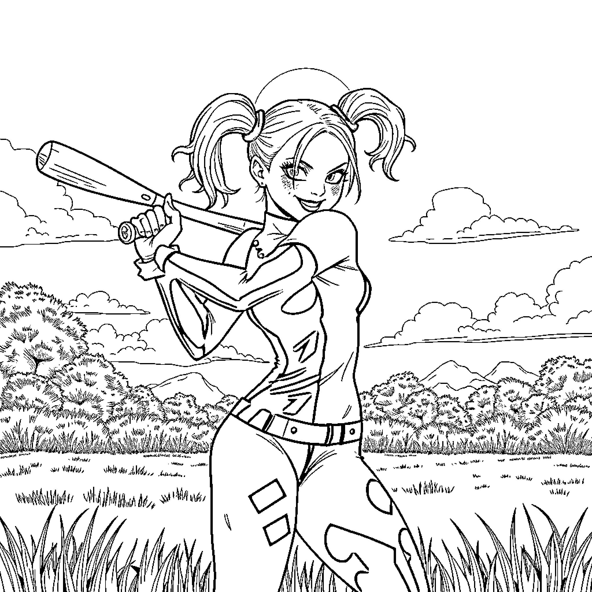 Harley Quinn in action-packed outdoor scene Coloring Page (free black-and-white line drawing printable PDF for all, from beginners to advanced learners, including children, teens, adults, and seniors)