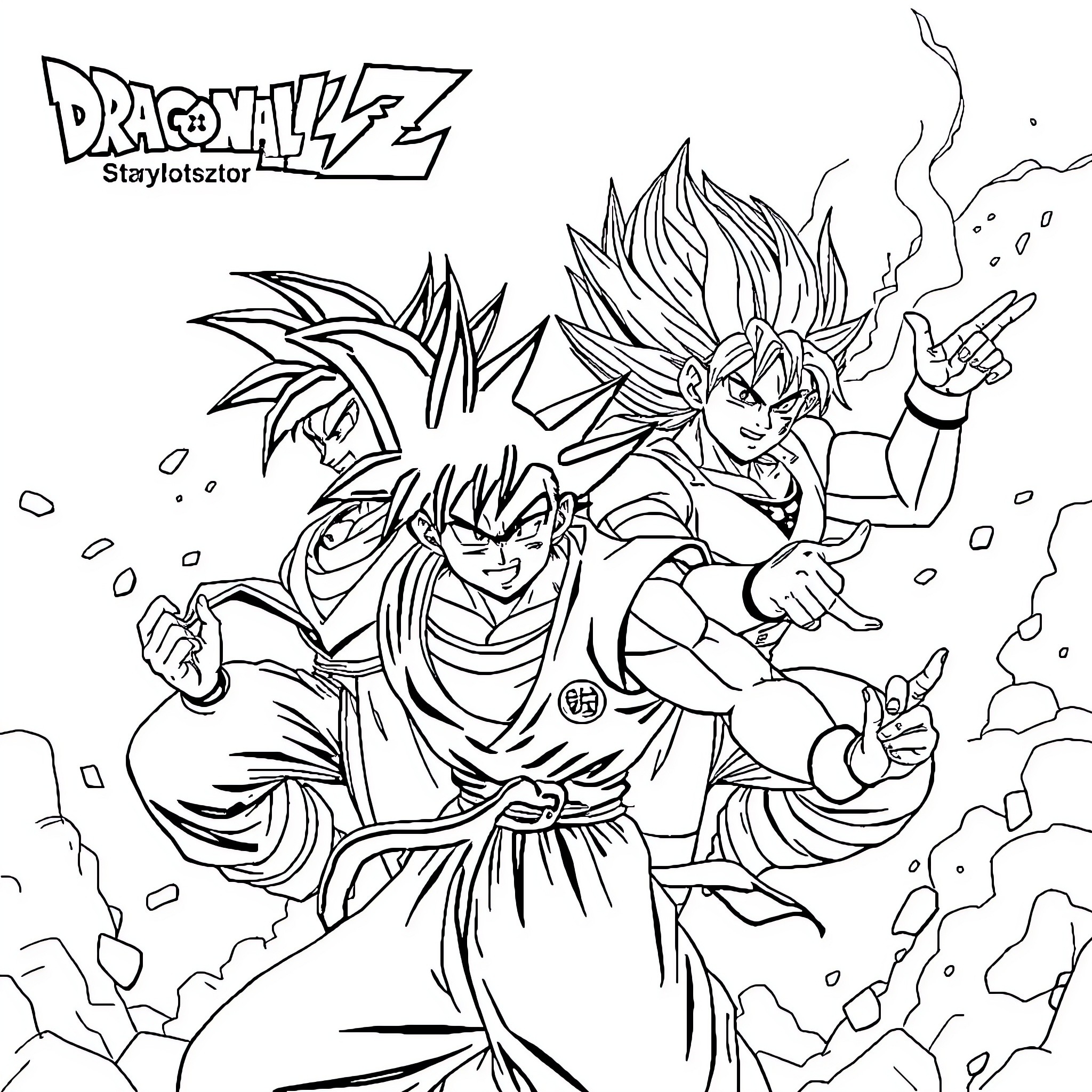 Dragonball Z characters in action-packed combat poses Coloring Page (free black-and-white line drawing printable PDF for all, from beginners to advanced learners, including children, teens, adults, and seniors)