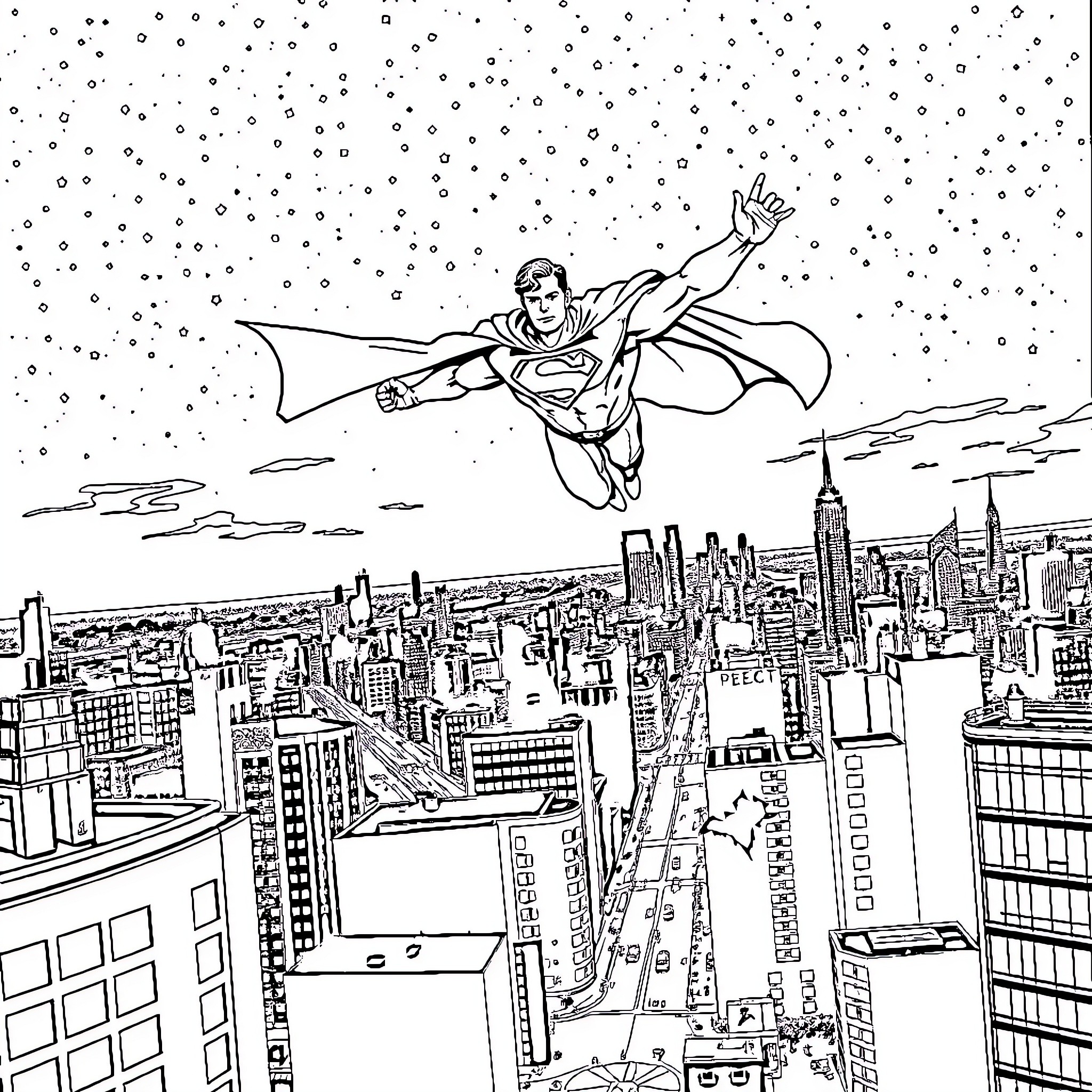 Superman soaring above the city skyline Coloring Page (free black-and-white line drawing printable PDF for all, from beginners to advanced learners, including children, teens, adults, and seniors)