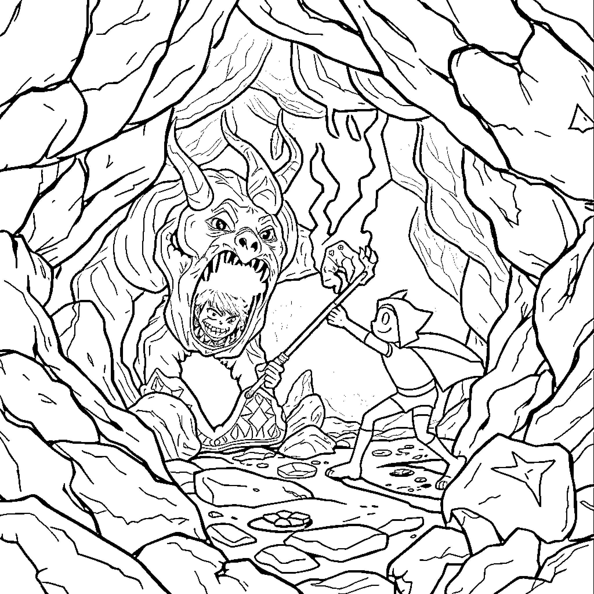 Finn's Perilous Adventure in the Enchanted Forest Coloring Page (free black-and-white line drawing printable PDF for all, from beginners to advanced learners, including children, teens, adults, and seniors)