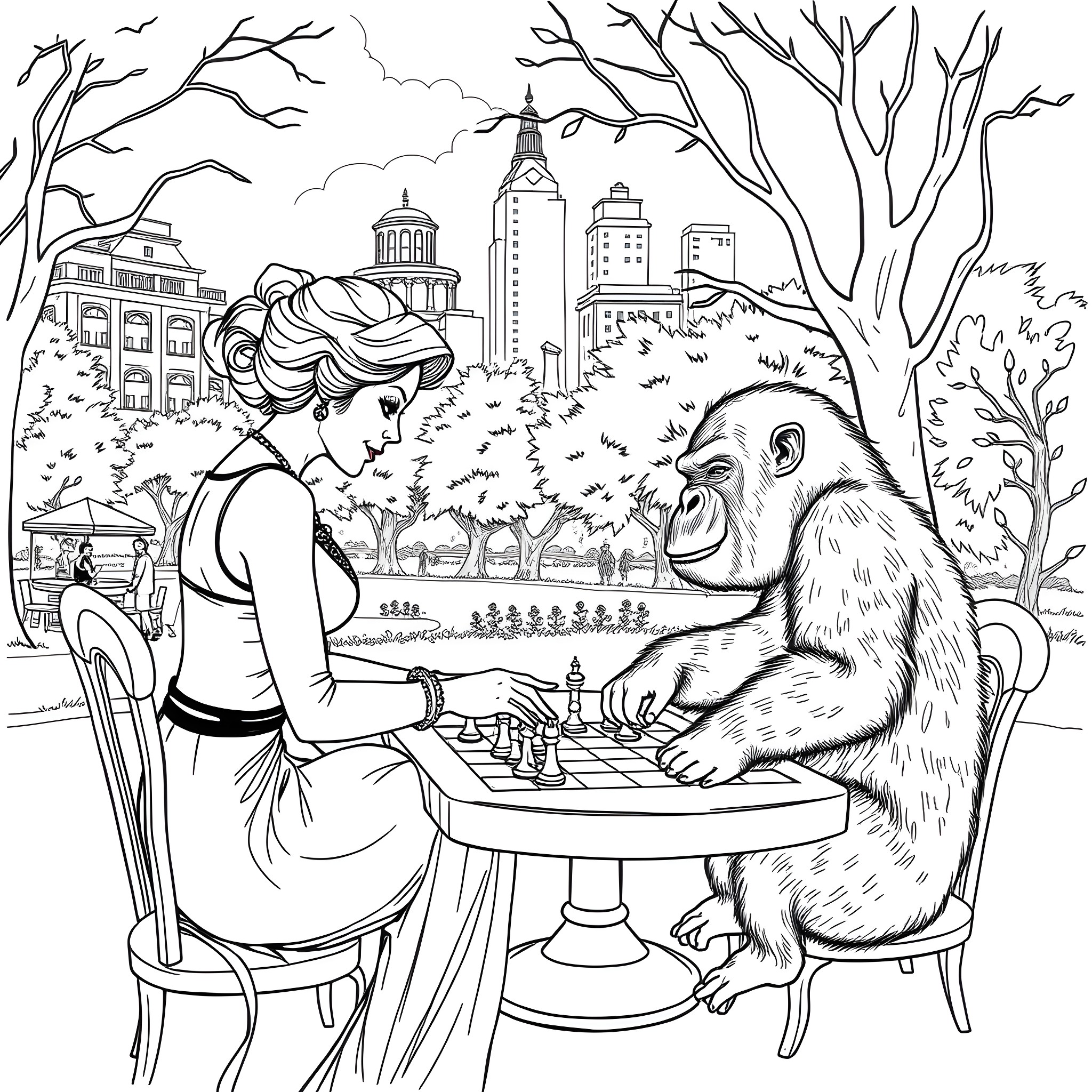 Lady playing chess with a gorilla in the park Coloring Page (free black-and-white line drawing printable PDF for all, from beginners to advanced learners, including children, teens, adults, and seniors)