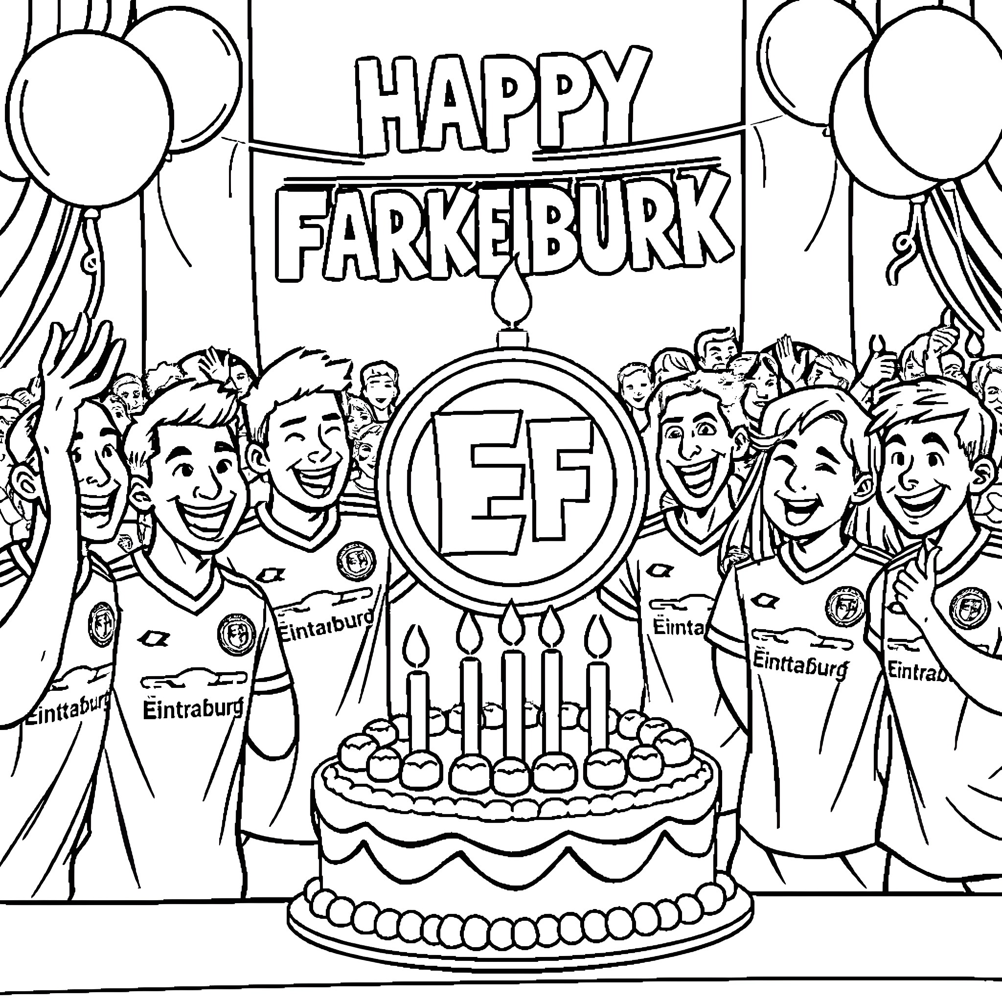Eintracht Frankfurt's Joyous Farke Burg Celebration Coloring Page (free black-and-white line drawing printable PDF for all, from beginners to advanced learners, including children, teens, adults, and seniors)