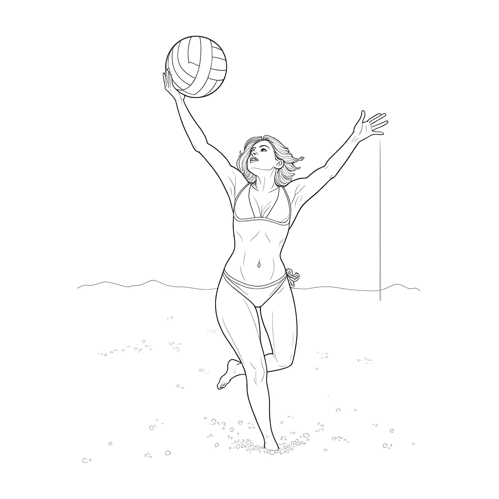 Bikini-clad woman playing volleyball on the beach Coloring Page (free black-and-white line drawing printable PDF for all, from beginners to advanced learners, including children, teens, adults, and seniors)