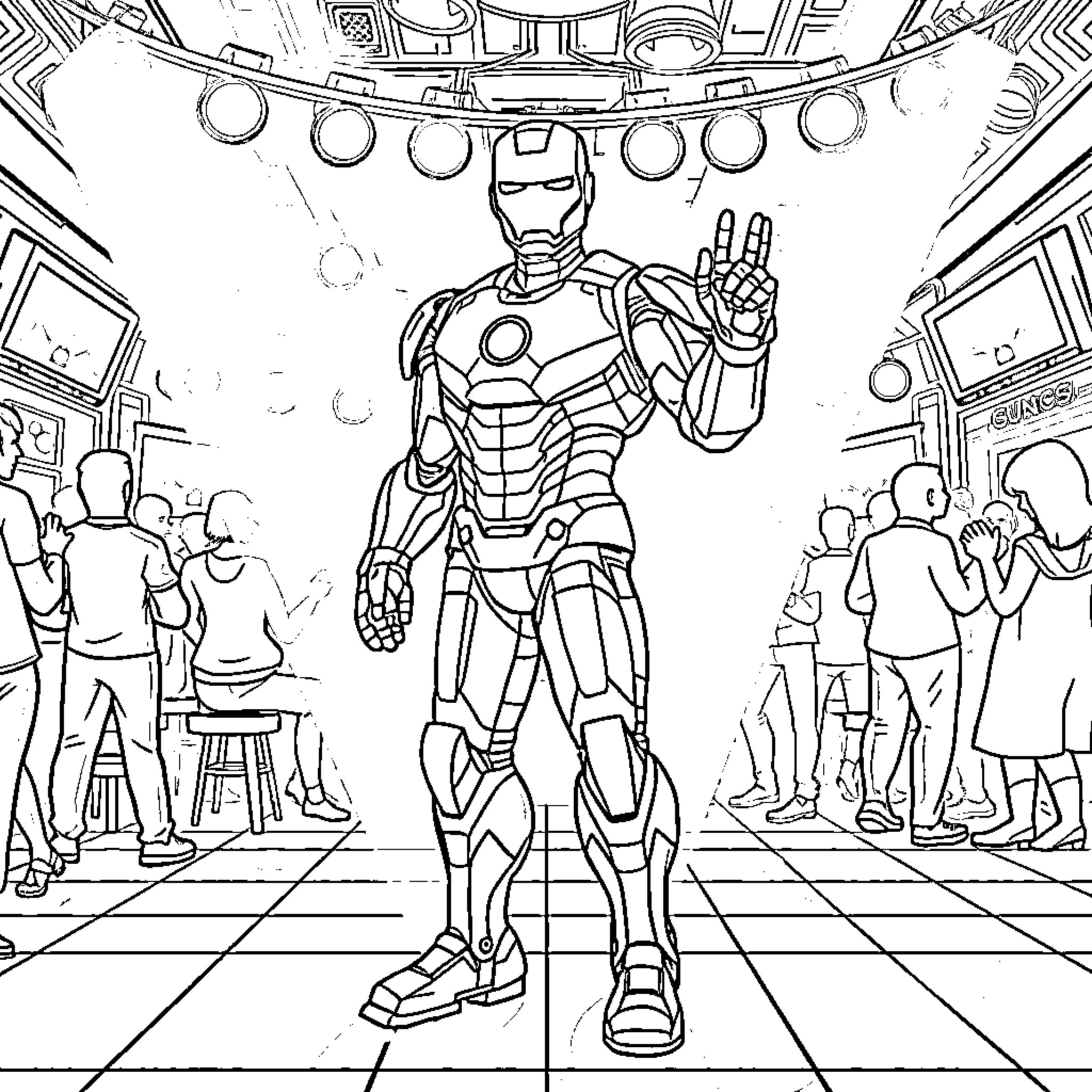 Iron Man heroically addressing the crowd Coloring Page (free black-and-white line drawing printable PDF for all, from beginners to advanced learners, including children, teens, adults, and seniors)