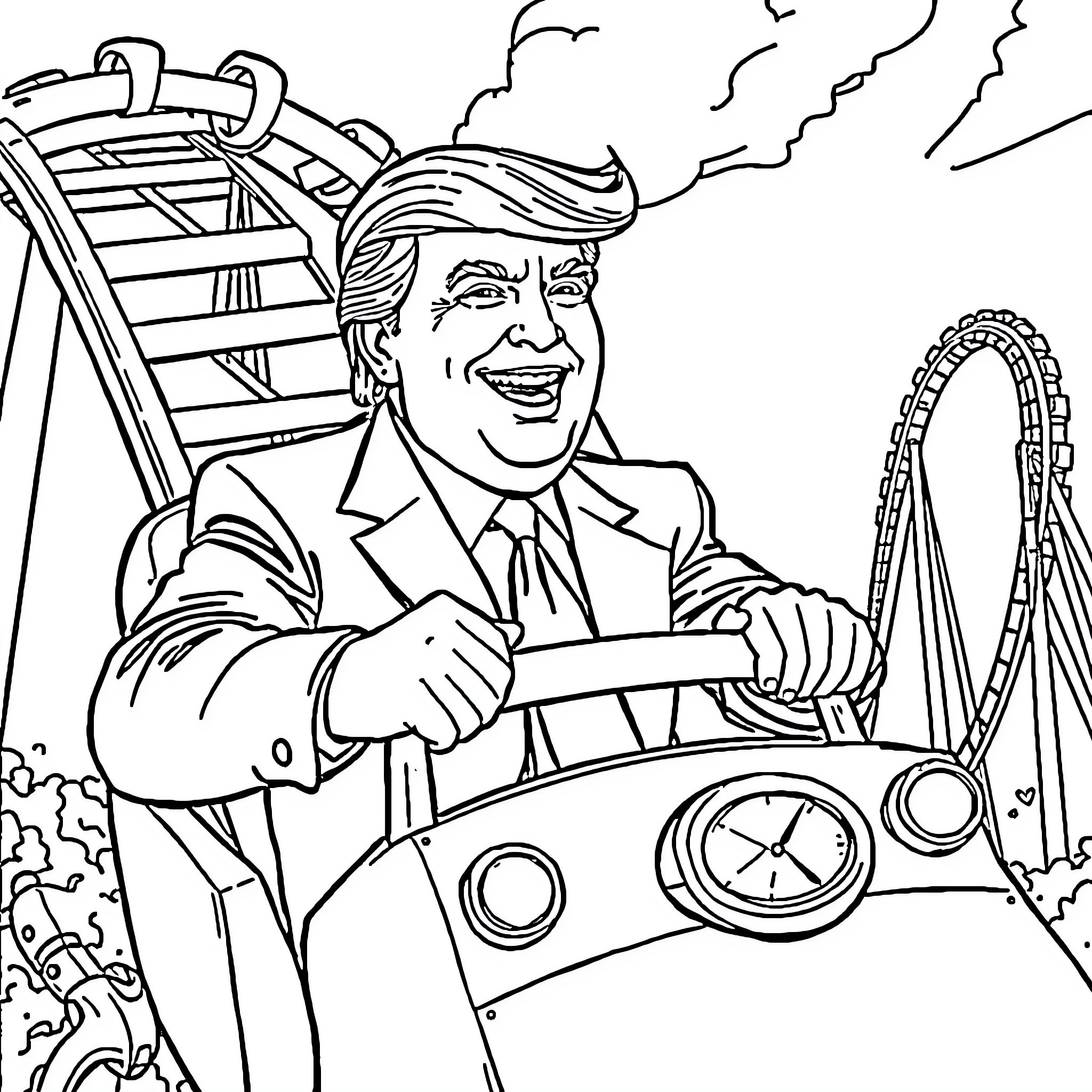 Donald Trump Enjoying a Rollercoaster Ride Coloring Page (free black-and-white line drawing printable PDF for all, from beginners to advanced learners, including children, teens, adults, and seniors)