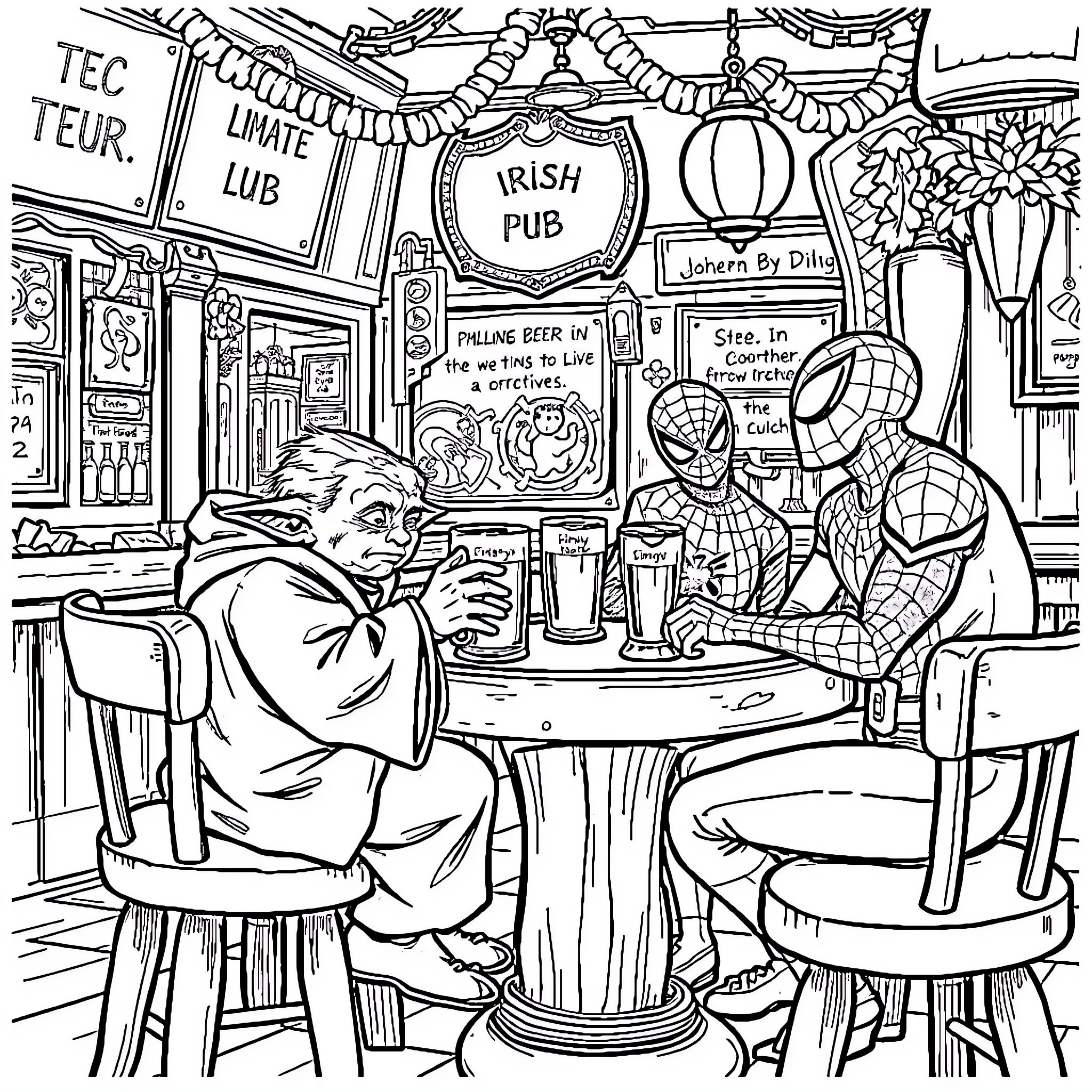 Yoda enjoying drinks with Marvel superheroes in an Irish pub Coloring Page (free black-and-white line drawing printable PDF for all, from beginners to advanced learners, including children, teens, adults, and seniors)
