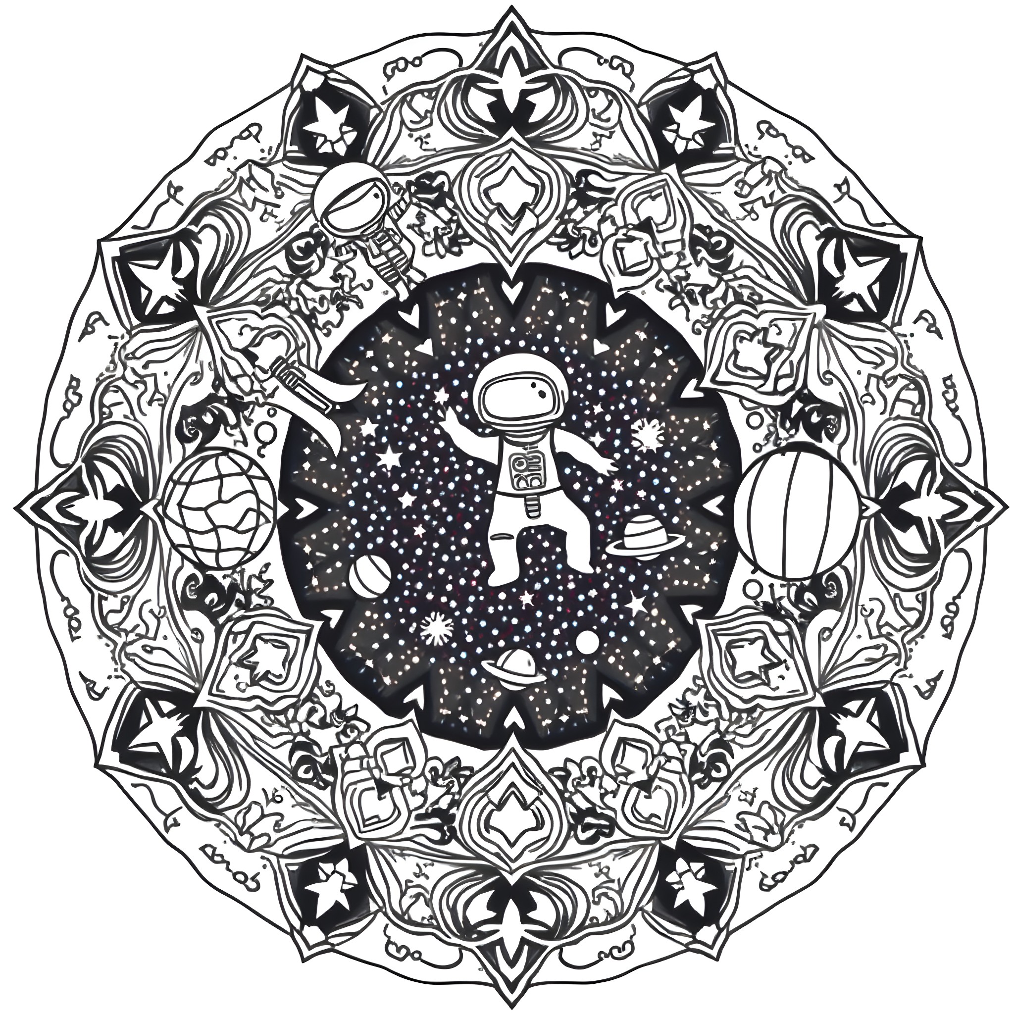 Mandala with astronaut and cosmic elements Coloring Page (free black-and-white line drawing printable PDF for all, from beginners to advanced learners, including children, teens, adults, and seniors)