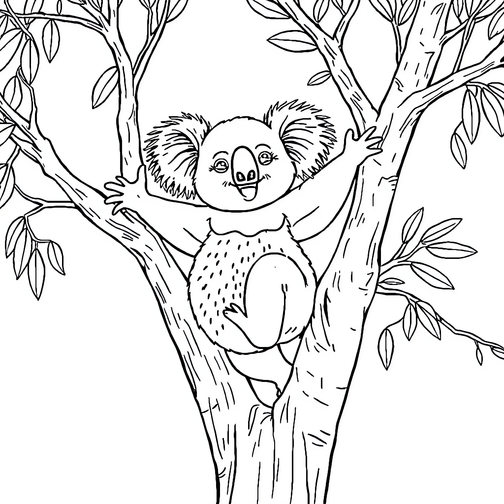 Koala resting happily in a tree Coloring Page (free black-and-white line drawing printable PDF for all, from beginners to advanced learners, including children, teens, adults, and seniors)