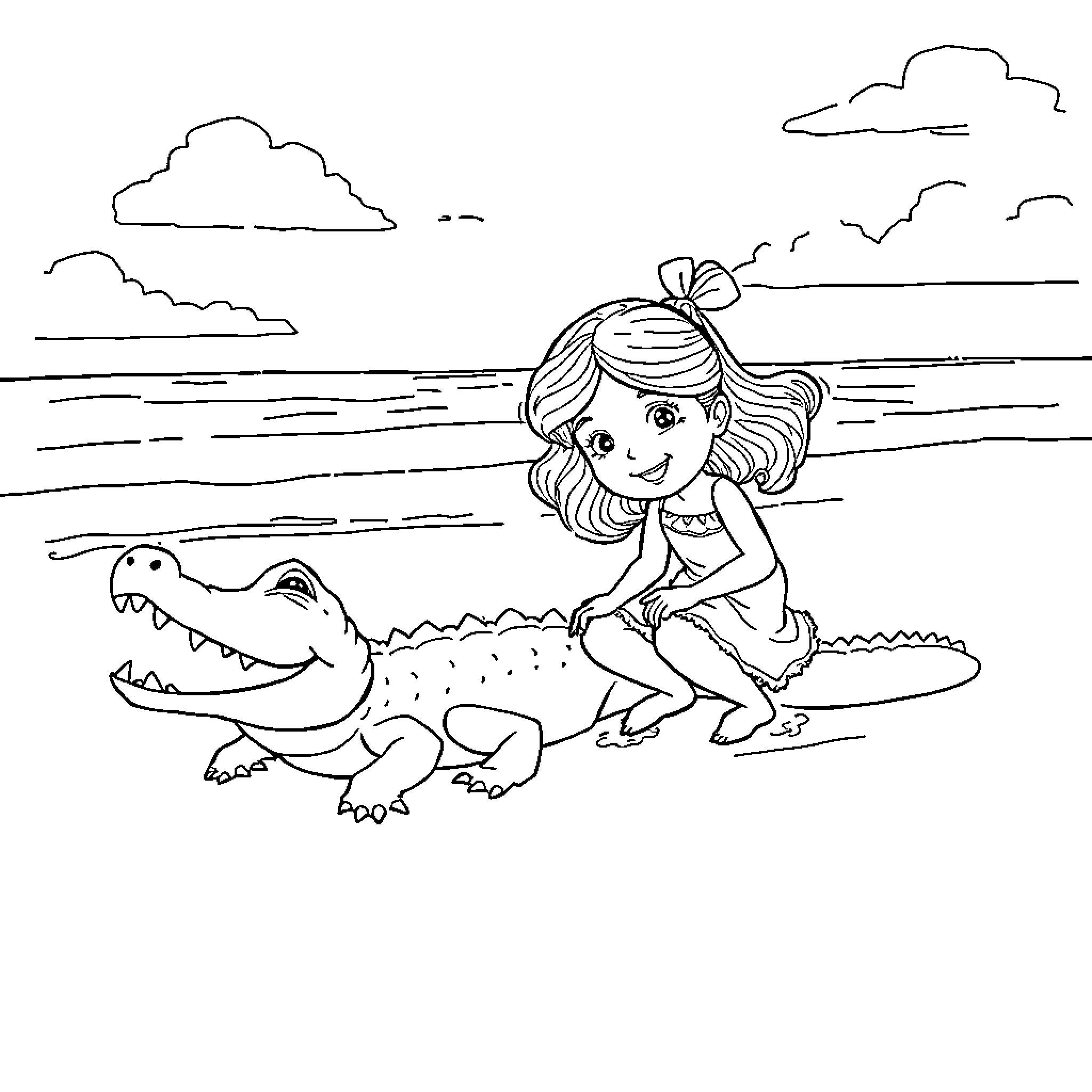 Girl playing with an alligator on the beach Coloring Page (free black-and-white line drawing printable PDF for all, from beginners to advanced learners, including children, teens, adults, and seniors)
