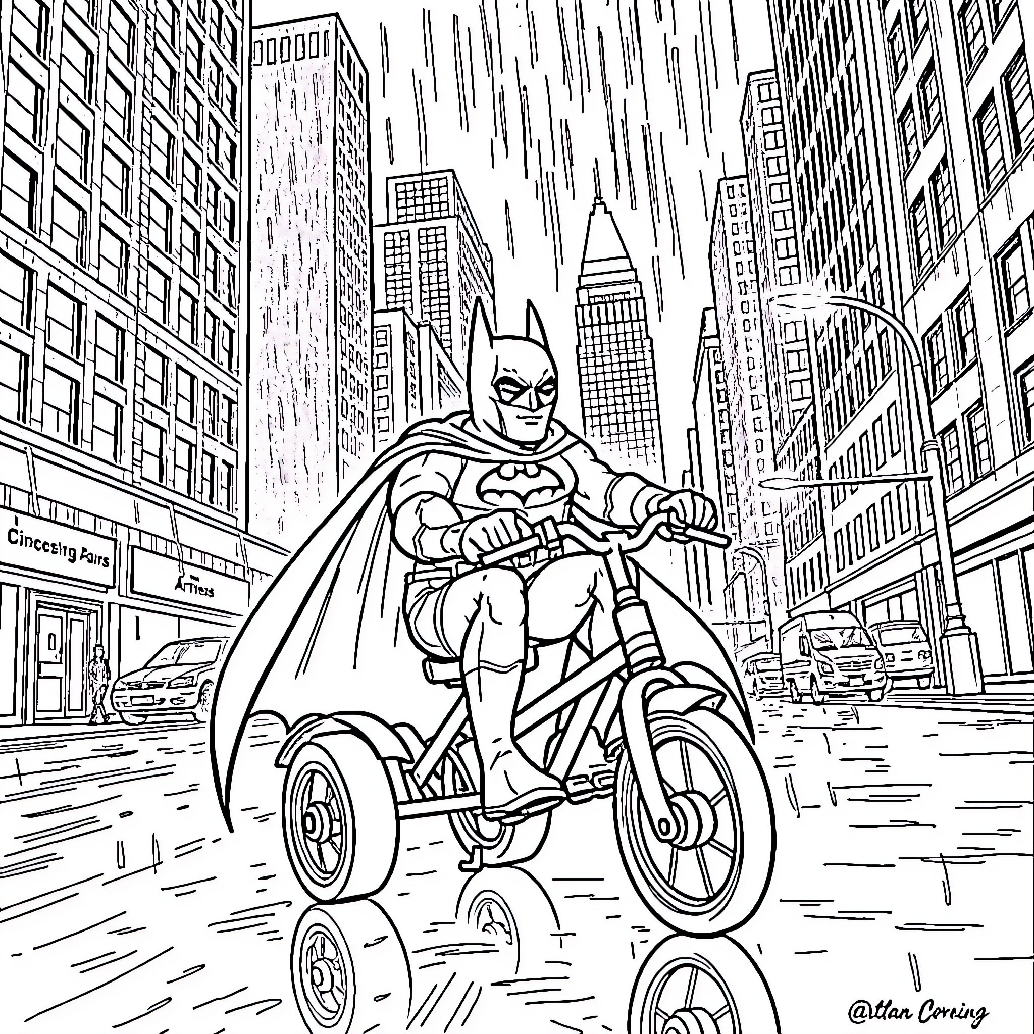 Batman riding his motorcycle through the city Coloring Page (free black-and-white line drawing printable PDF for all, from beginners to advanced learners, including children, teens, adults, and seniors)