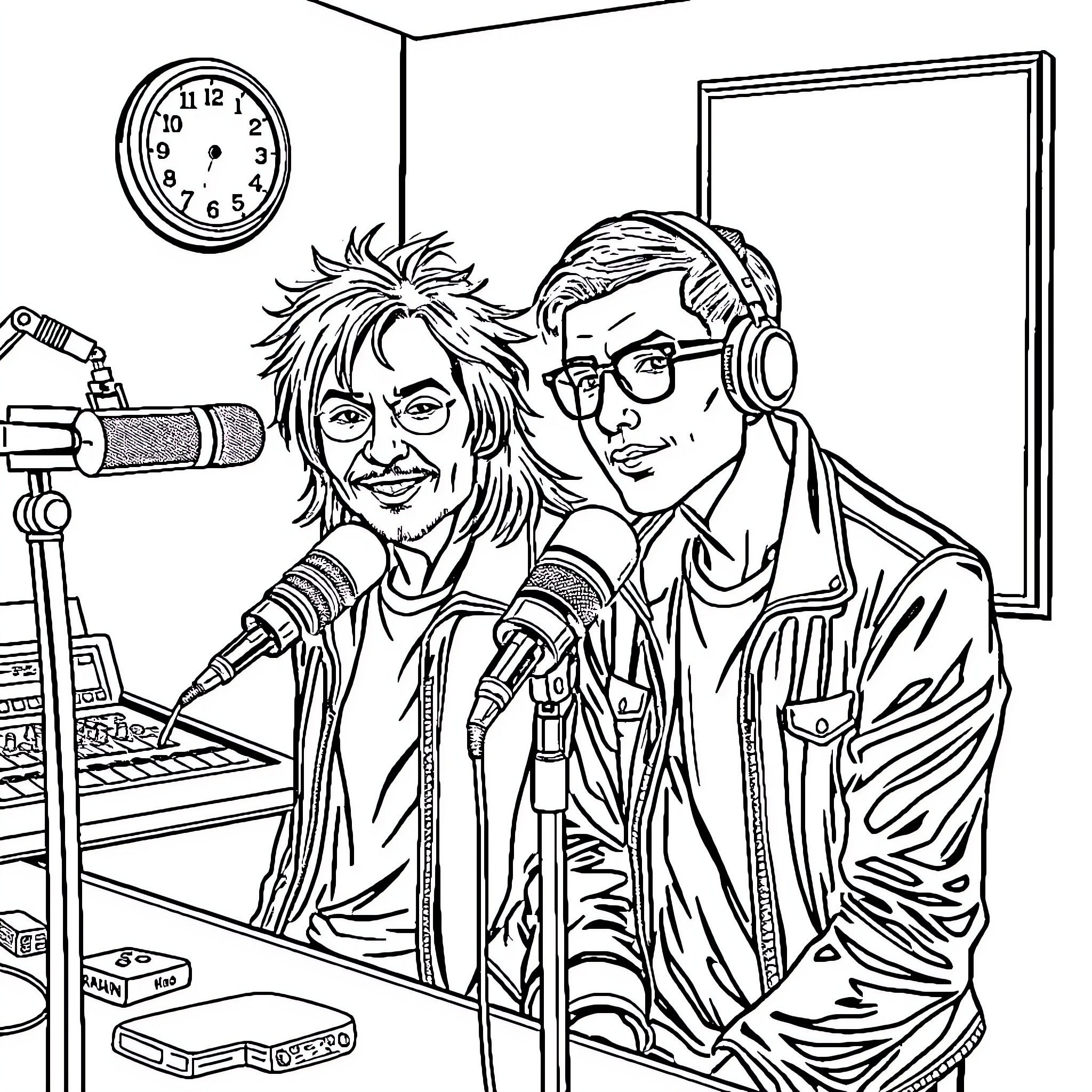 Locutor Duo Hosting Radio Show in Studio Coloring Page (free black-and-white line drawing printable PDF for all, from beginners to advanced learners, including children, teens, adults, and seniors)