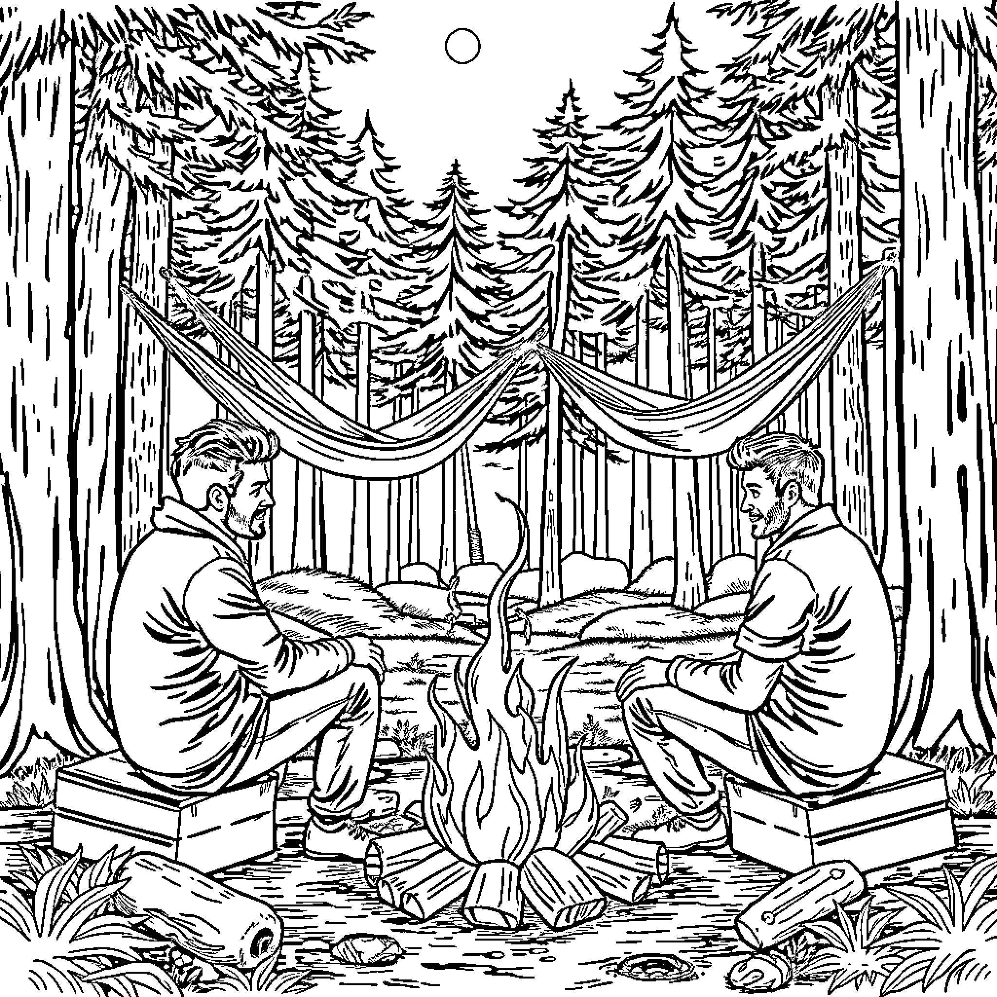 Man sitting around campfire in winter forest Coloring Page (free black-and-white line drawing printable PDF for all, from beginners to advanced learners, including children, teens, adults, and seniors)