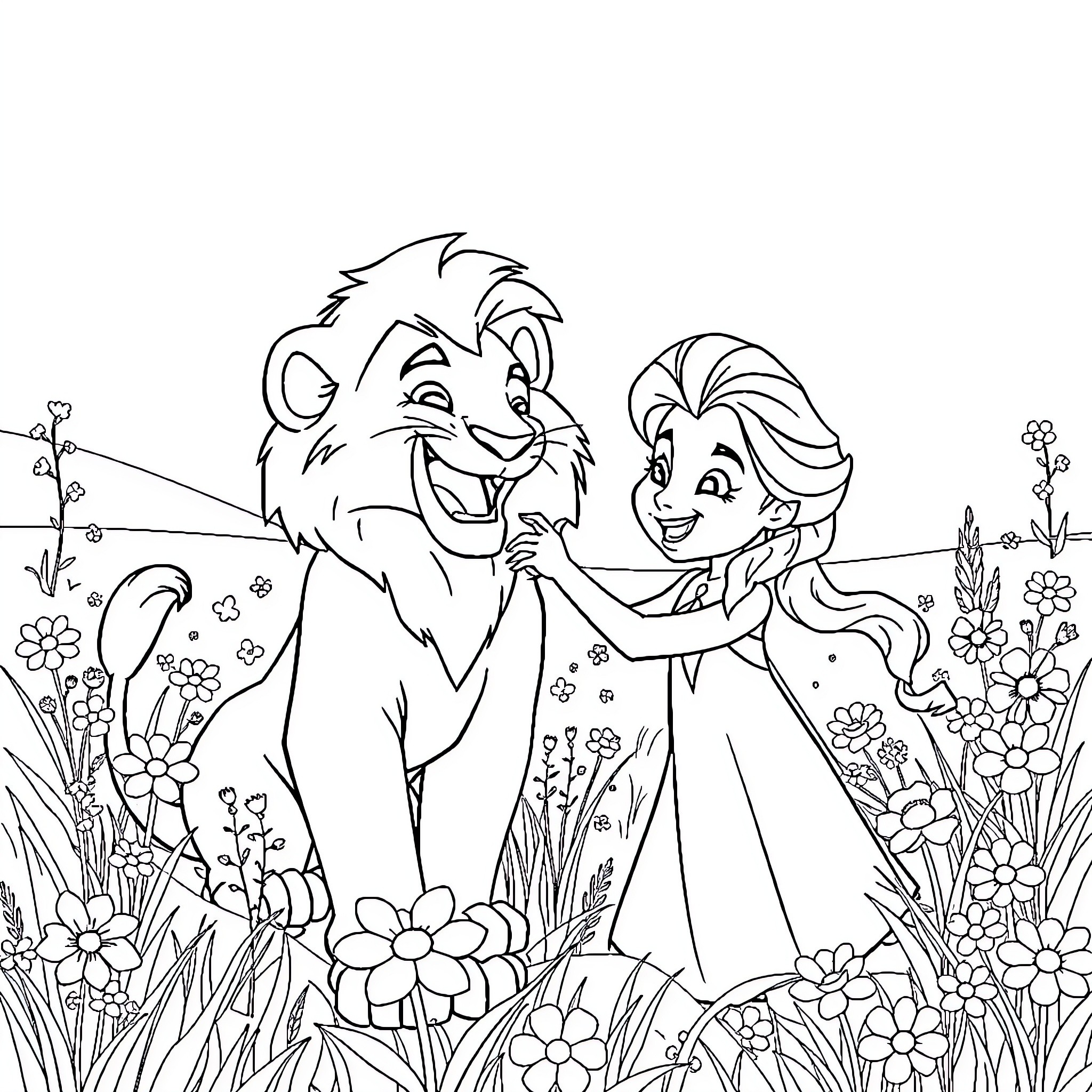 Simba and Elsa playing together in a flowery meadow Coloring Page (free black-and-white line drawing printable PDF for all, from beginners to advanced learners, including children, teens, adults, and seniors)