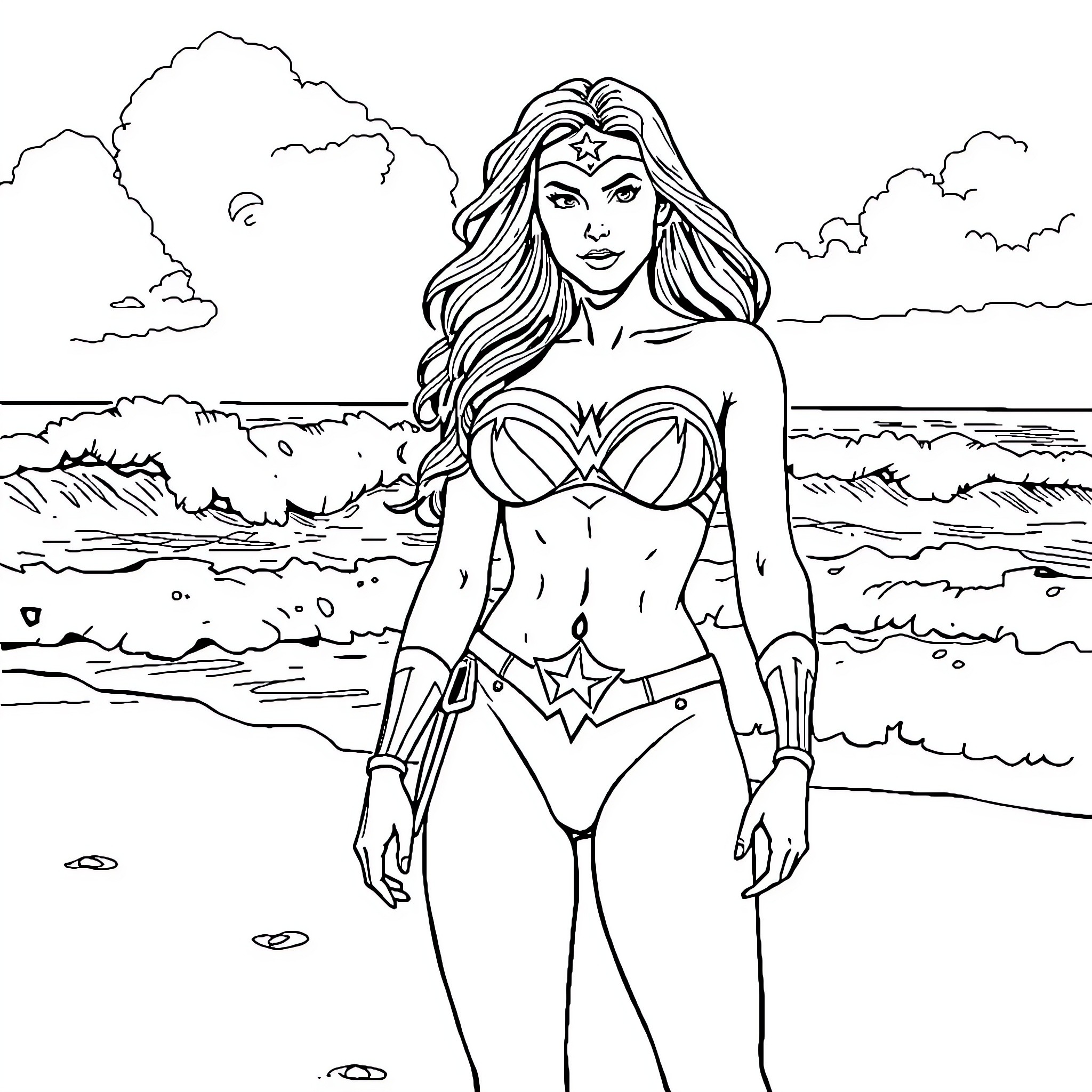 Wonder Woman standing tall on the beach Coloring Page (free black-and-white line drawing printable PDF for all, from beginners to advanced learners, including children, teens, adults, and seniors)