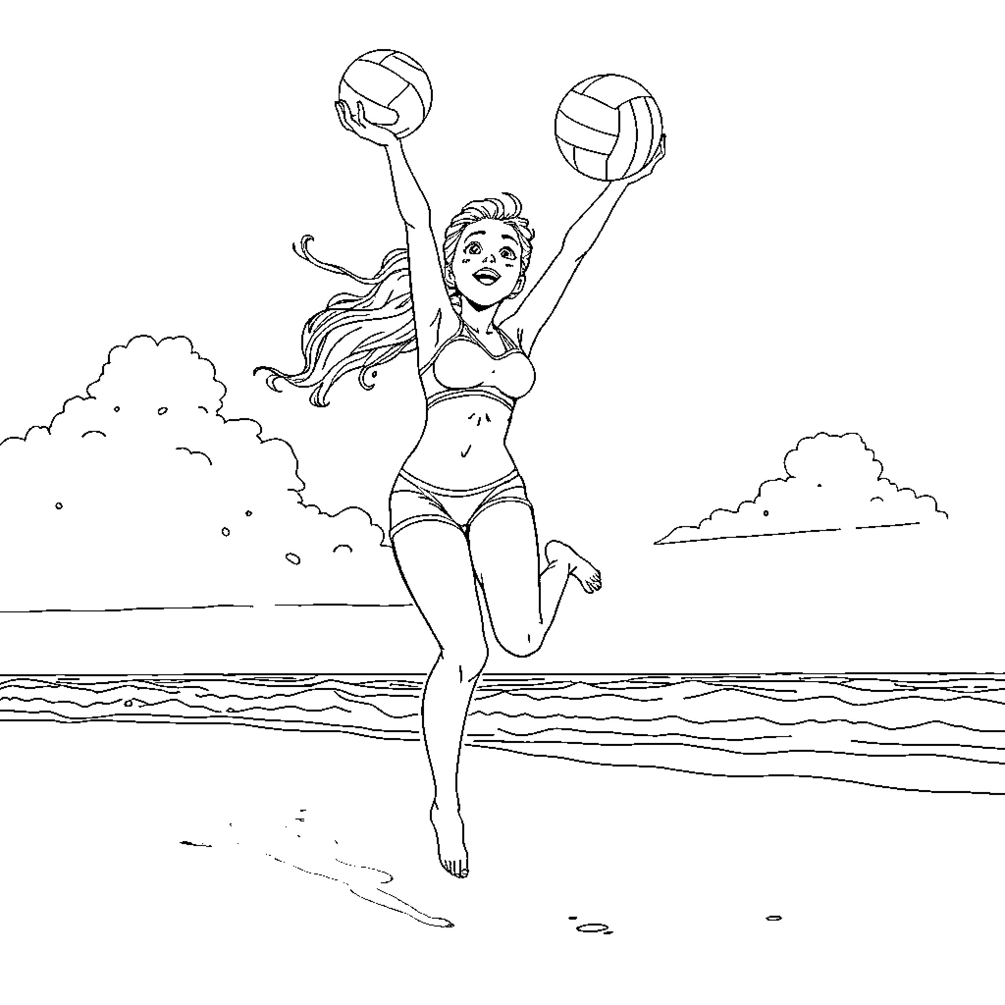 Bianca Bel-Air enjoying a beach volleyball game Coloring Page (free black-and-white line drawing printable PDF for all, from beginners to advanced learners, including children, teens, adults, and seniors)