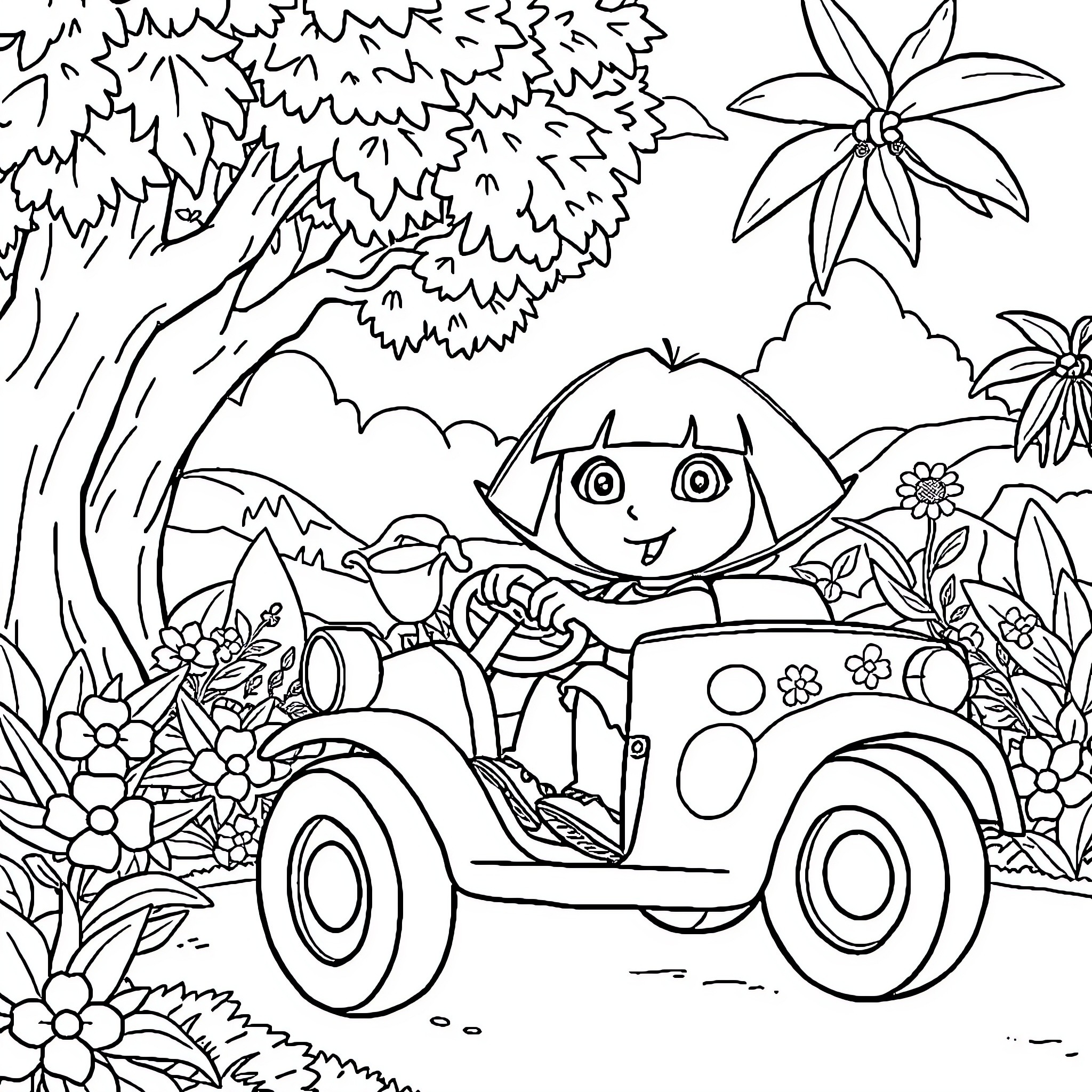 Dora's jungle adventure in a polka dot car Coloring Page (free black-and-white line drawing printable PDF for all, from beginners to advanced learners, including children, teens, adults, and seniors)