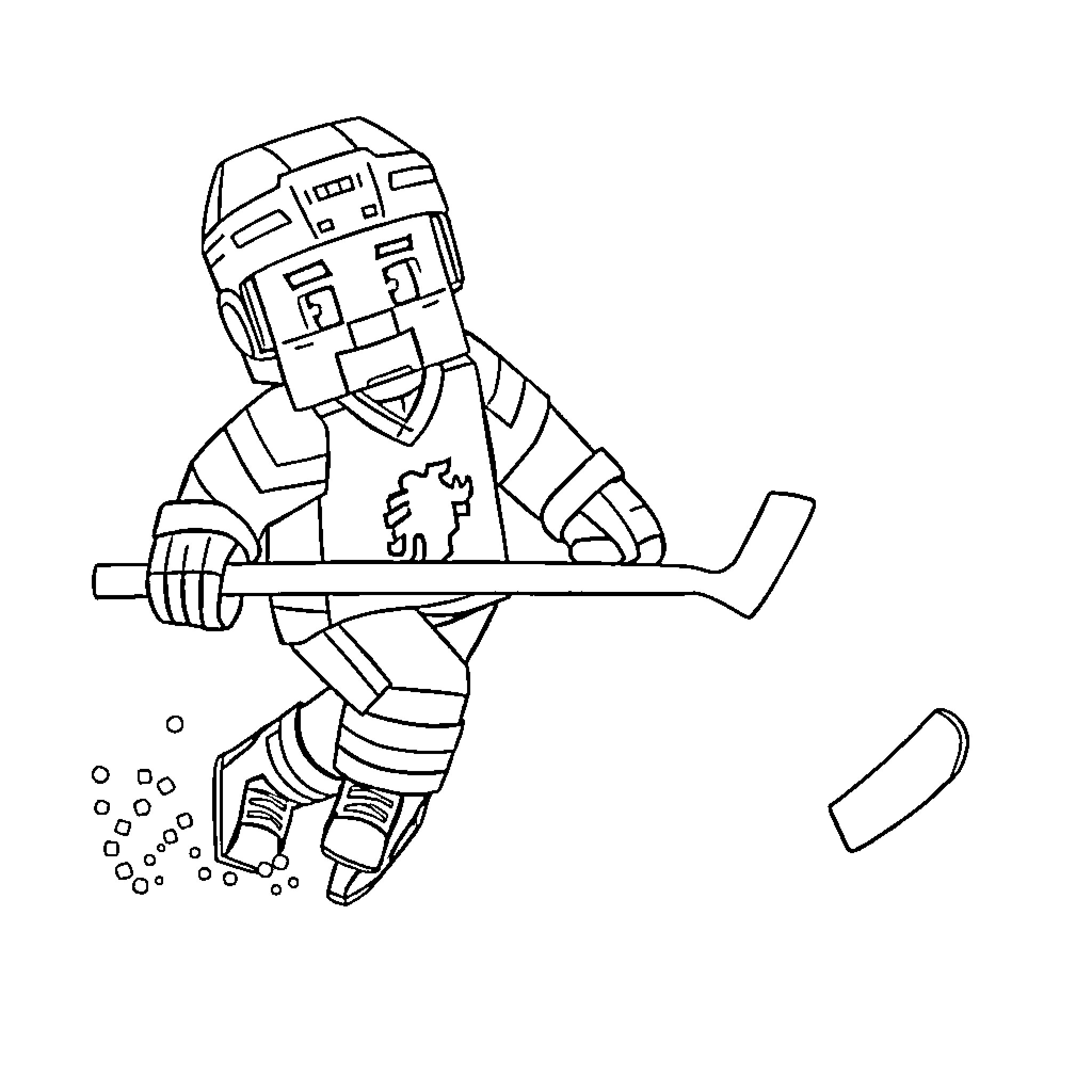 Minecraft Character Playing Hockey Coloring Page (free black-and-white line drawing printable PDF for all, from beginners to advanced learners, including children, teens, adults, and seniors)