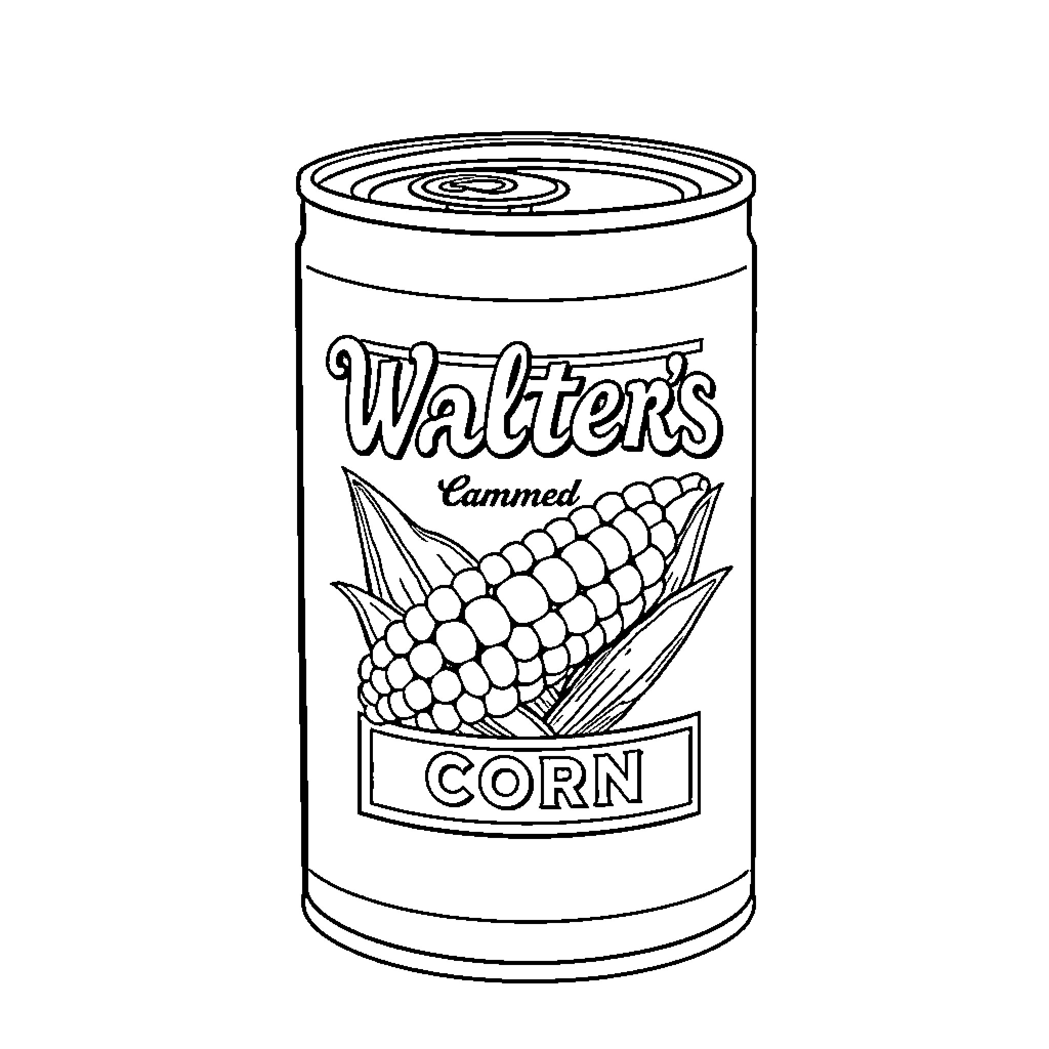 Corn in a Walter's Canned Corn Can Coloring Page (free black-and-white line drawing printable PDF for all, from beginners to advanced learners, including children, teens, adults, and seniors)