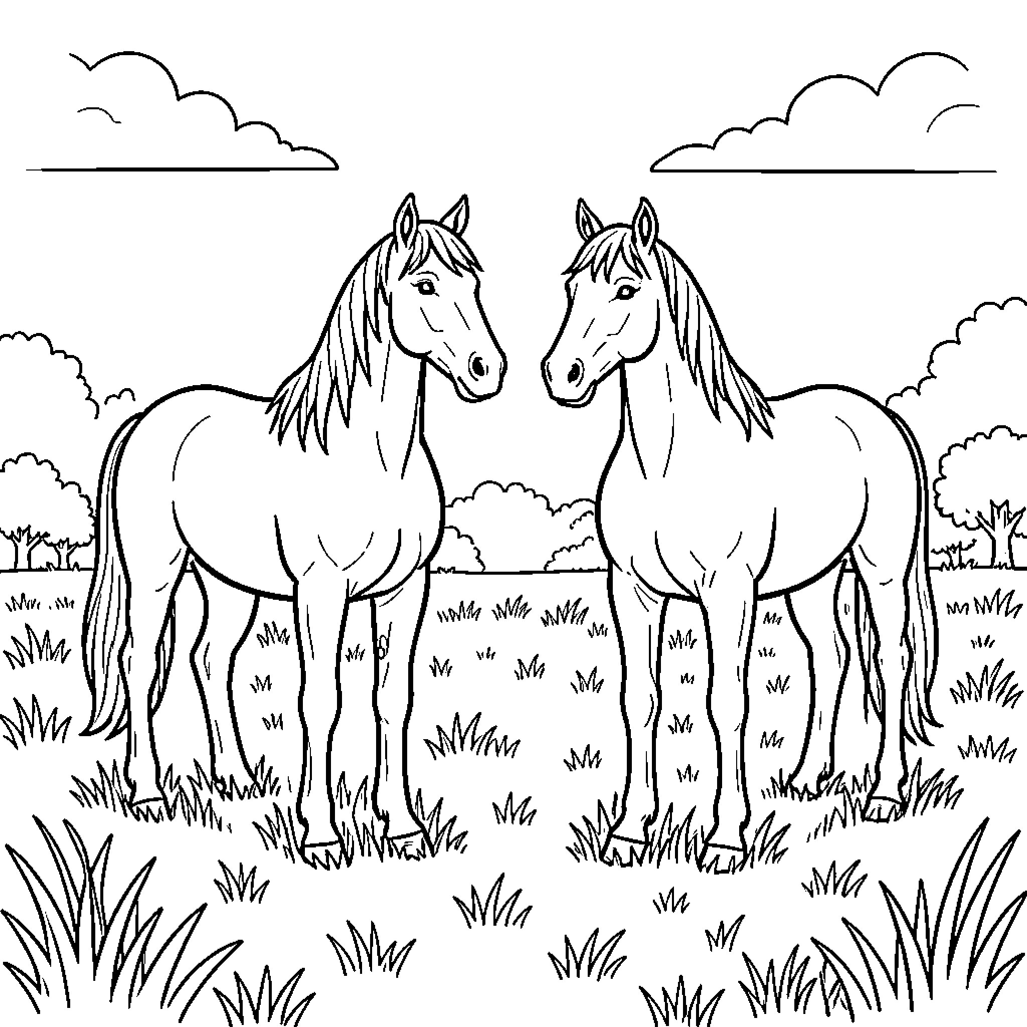 Horse pair standing together in a grassy field Coloring Page (free black-and-white line drawing printable PDF for all, from beginners to advanced learners, including children, teens, adults, and seniors)