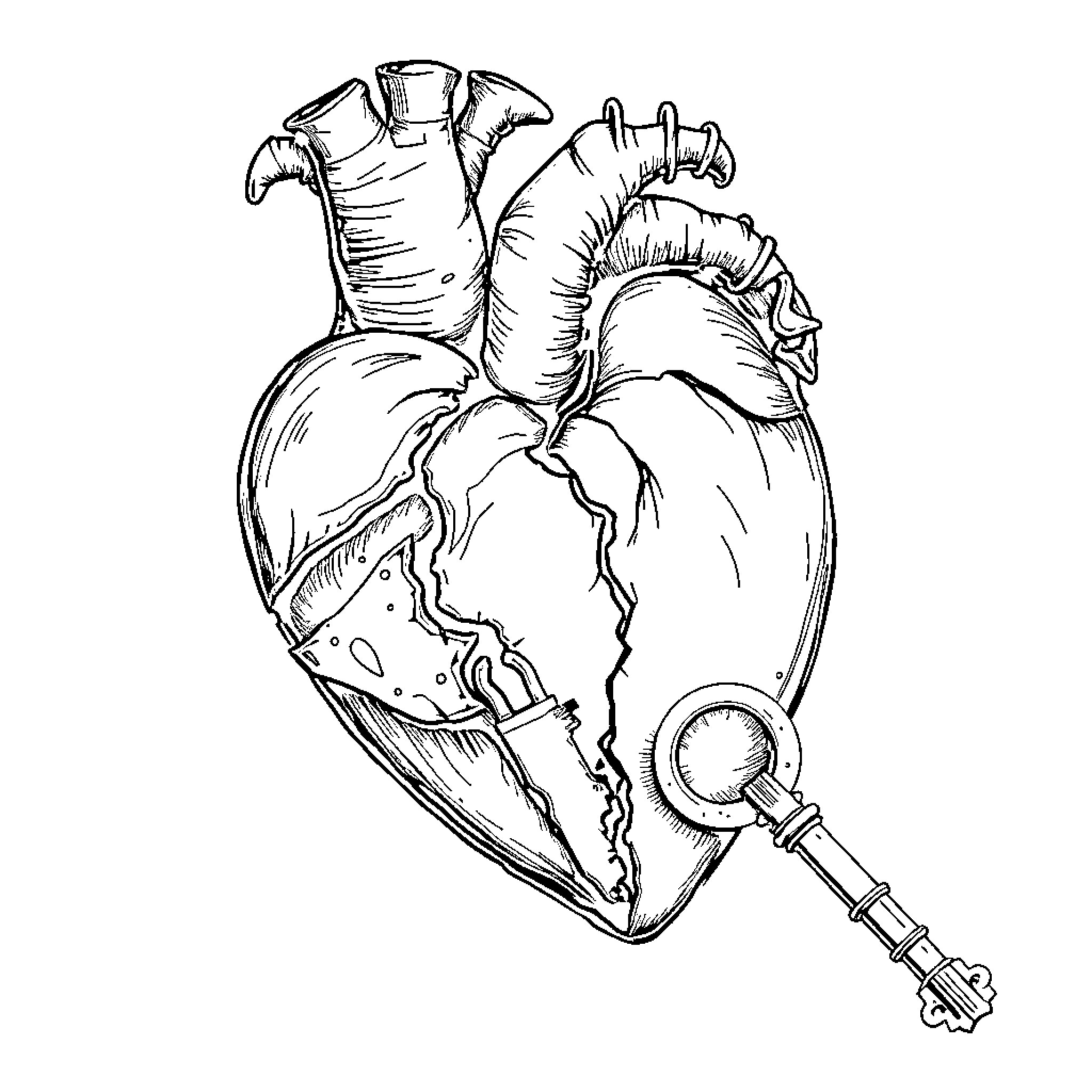 Heart Unlocked by a Key Coloring Page (free black-and-white line drawing printable PDF for all, from beginners to advanced learners, including children, teens, adults, and seniors)