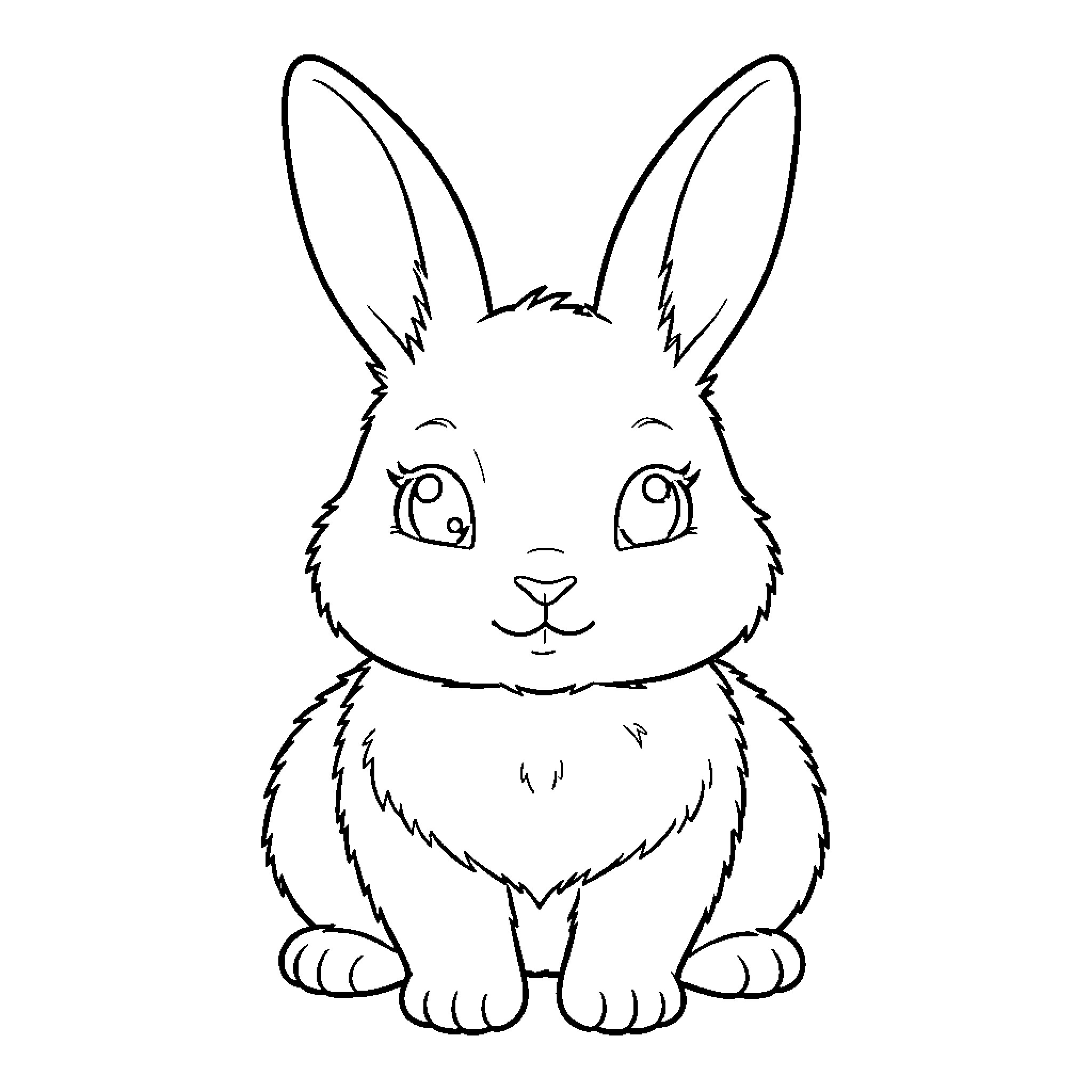 Bunny with big eyes and fluffy fur Coloring Page (free black-and-white line drawing printable PDF for all, from beginners to advanced learners, including children, teens, adults, and seniors)