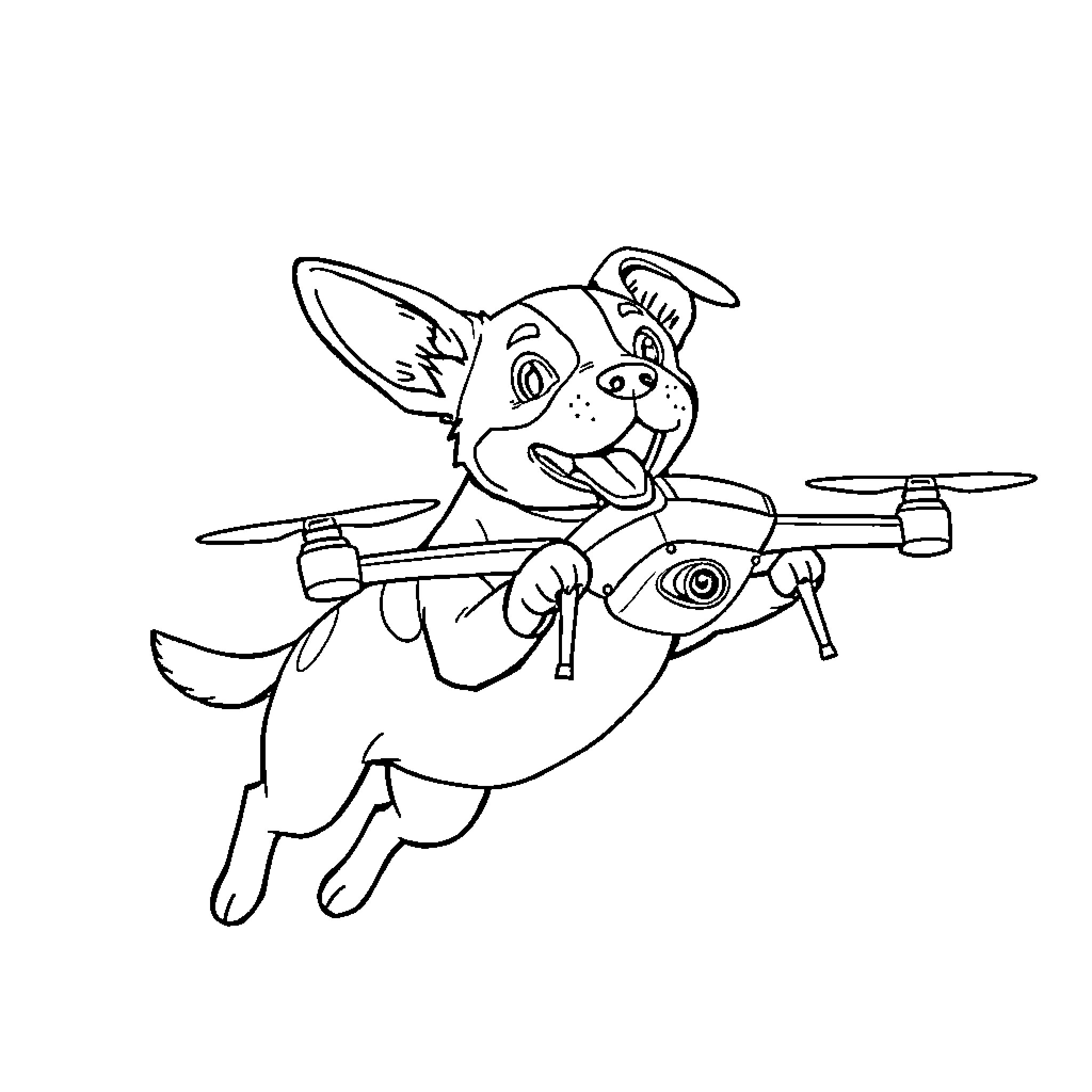 Dog flying happily with drone Coloring Page (free black-and-white line drawing printable PDF for all, from beginners to advanced learners, including children, teens, adults, and seniors)