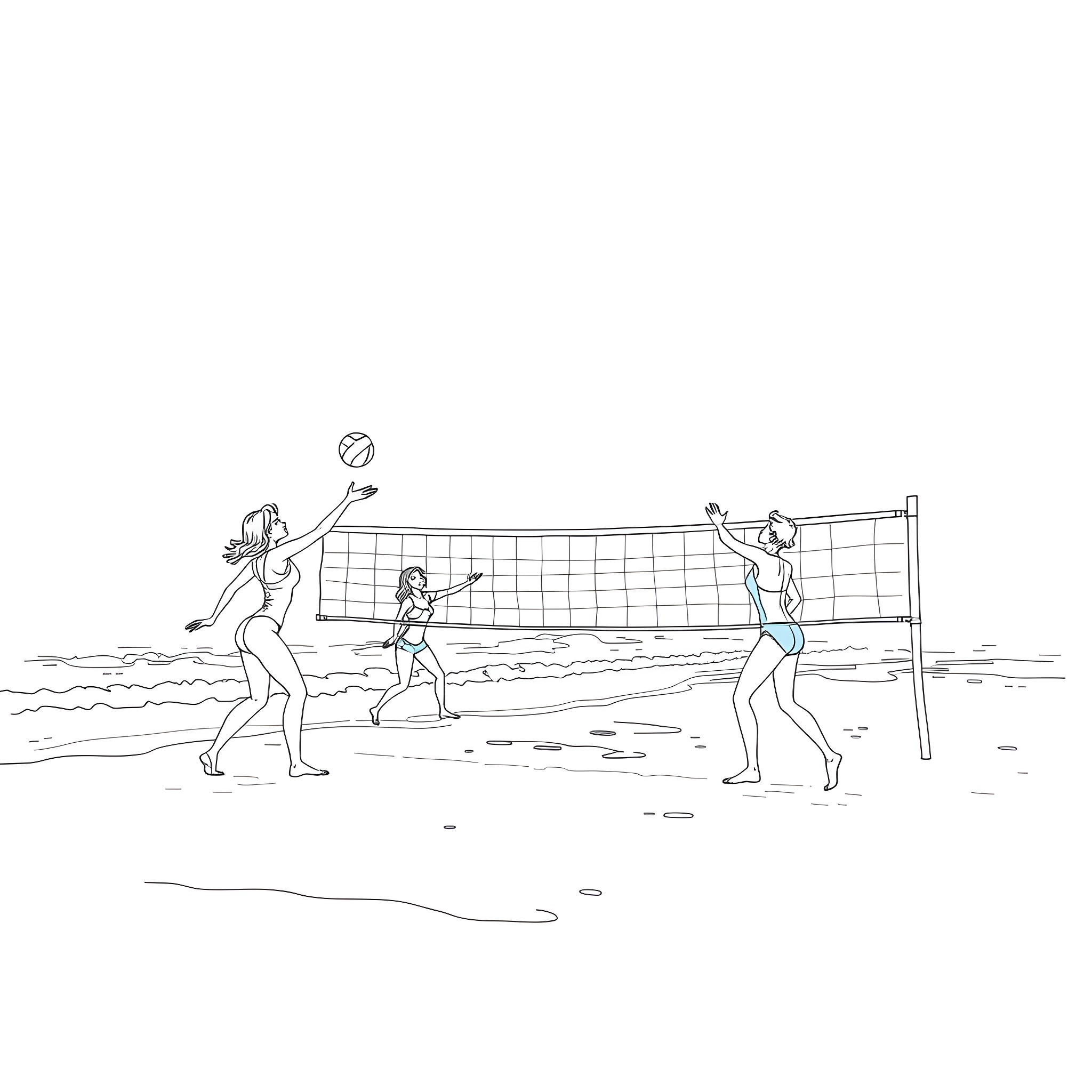Women playing beach volleyball on the sand Coloring Page (free black-and-white line drawing printable PDF for all, from beginners to advanced learners, including children, teens, adults, and seniors)