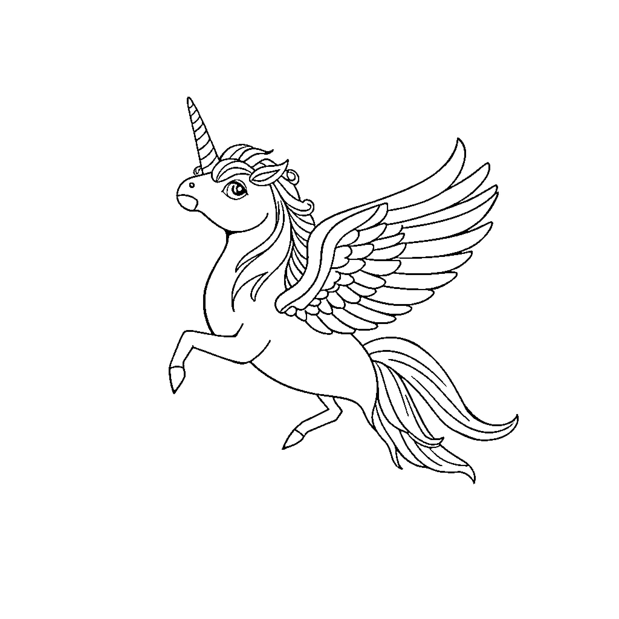Unicorn with Majestic Wings in Flight Coloring Page (free black-and-white line drawing printable PDF for all, from beginners to advanced learners, including children, teens, adults, and seniors)