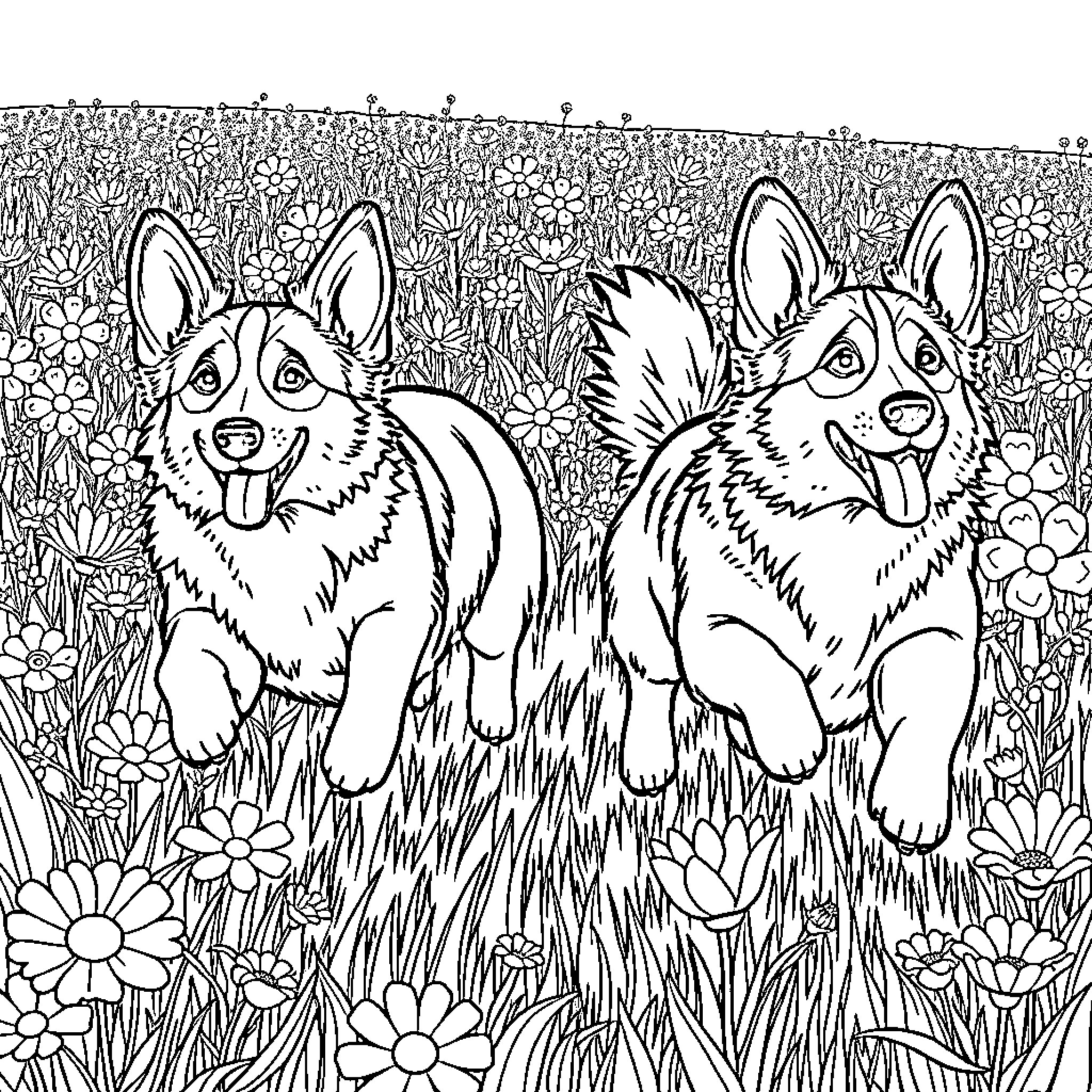 Corgi Duo Frolicking in Flower-Filled Field Coloring Page (free black-and-white line drawing printable PDF for all, from beginners to advanced learners, including children, teens, adults, and seniors)