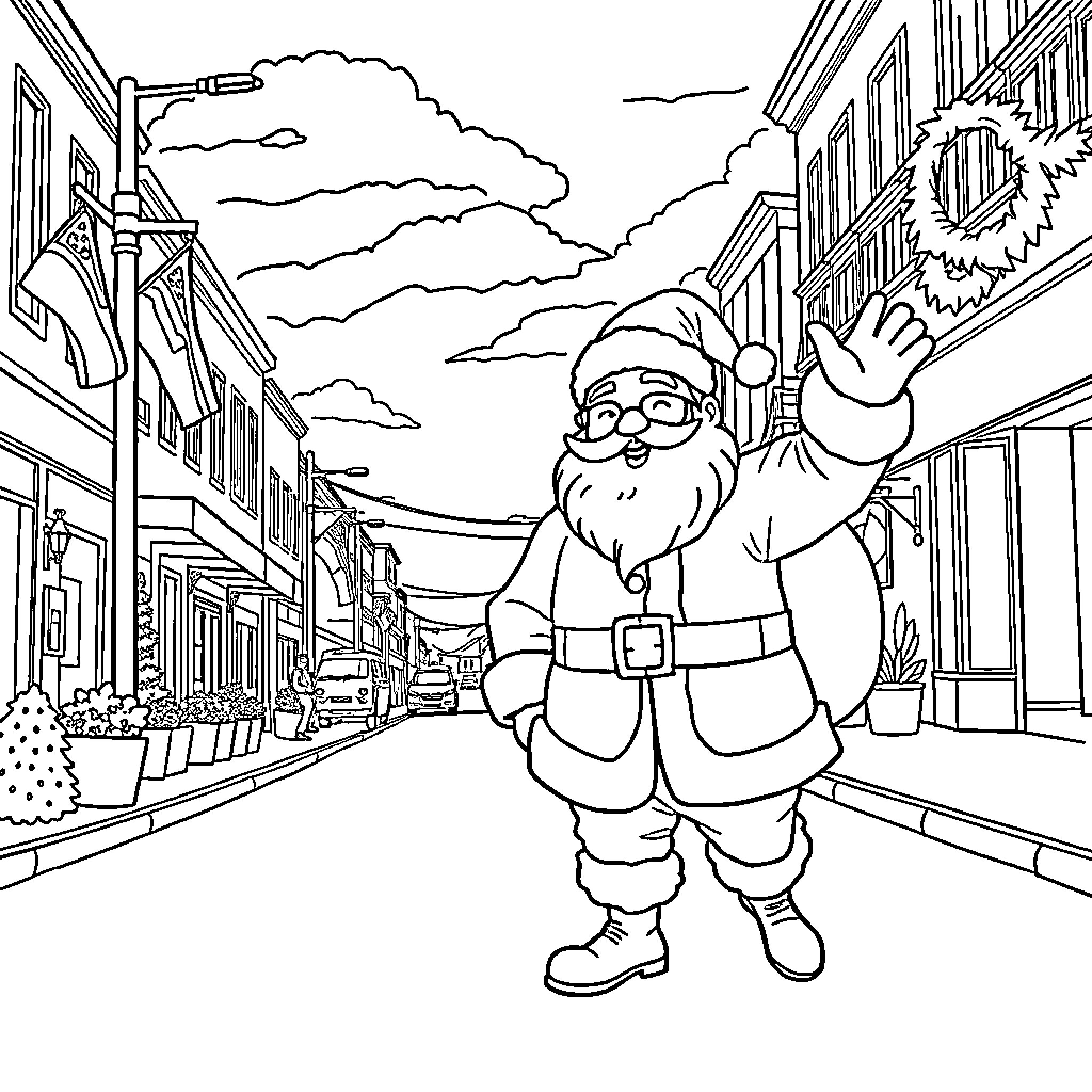 Santa waving and enjoying the festive town Coloring Page (free black-and-white line drawing printable PDF for all, from beginners to advanced learners, including children, teens, adults, and seniors)