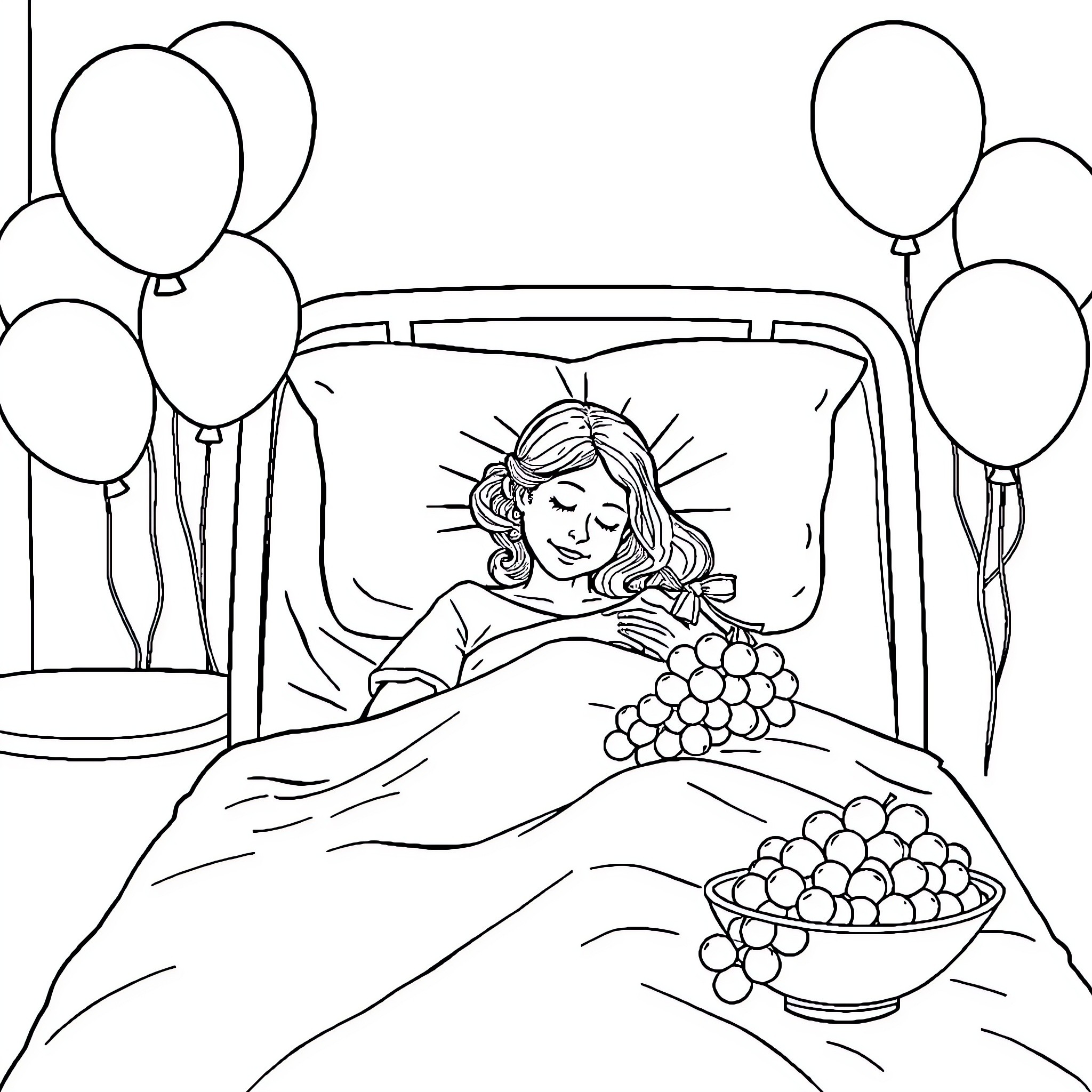 Mom relaxing in bed with treats Coloring Page (free black-and-white line drawing printable PDF for all, from beginners to advanced learners, including children, teens, adults, and seniors)