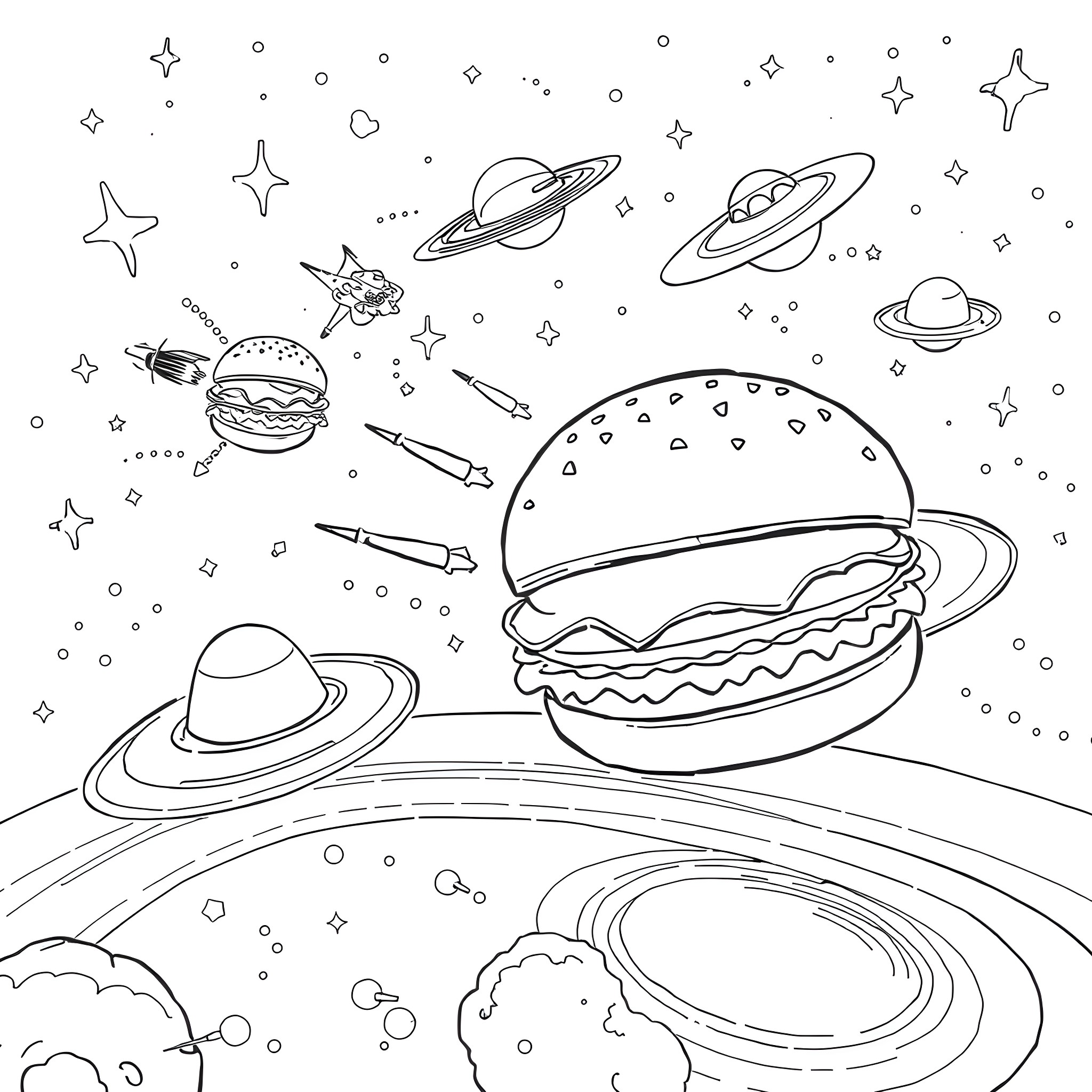 Cheeseburger floating in space with planets and stars Coloring Page (free black-and-white line drawing printable PDF for all, from beginners to advanced learners, including children, teens, adults, and seniors)