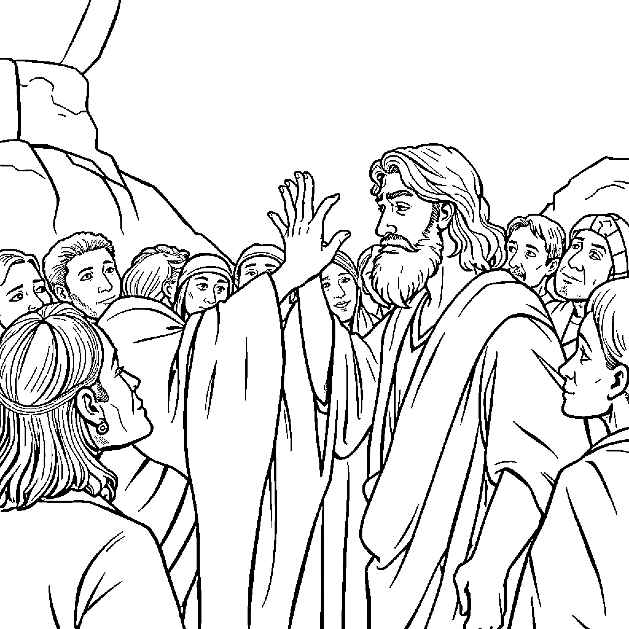 Jesus teaching and interacting with a crowd Coloring Page (free black-and-white line drawing printable PDF for all, from beginners to advanced learners, including children, teens, adults, and seniors)