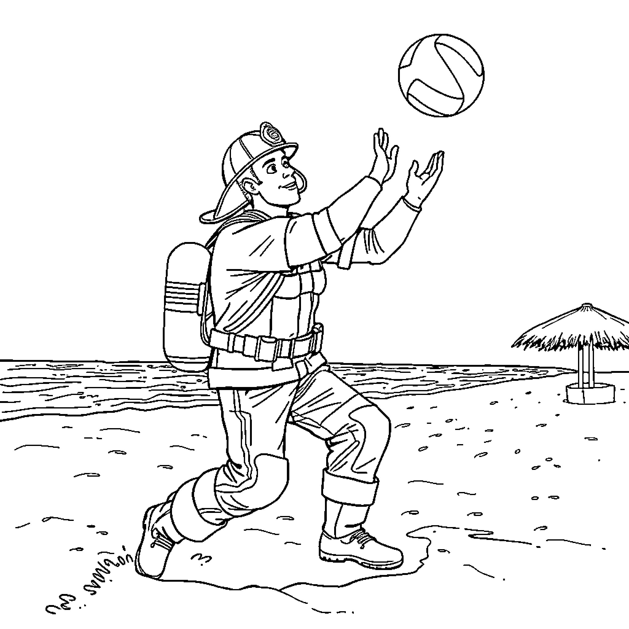 Firefighter playing beach volleyball on vacation Coloring Page (free black-and-white line drawing printable PDF for all, from beginners to advanced learners, including children, teens, adults, and seniors)