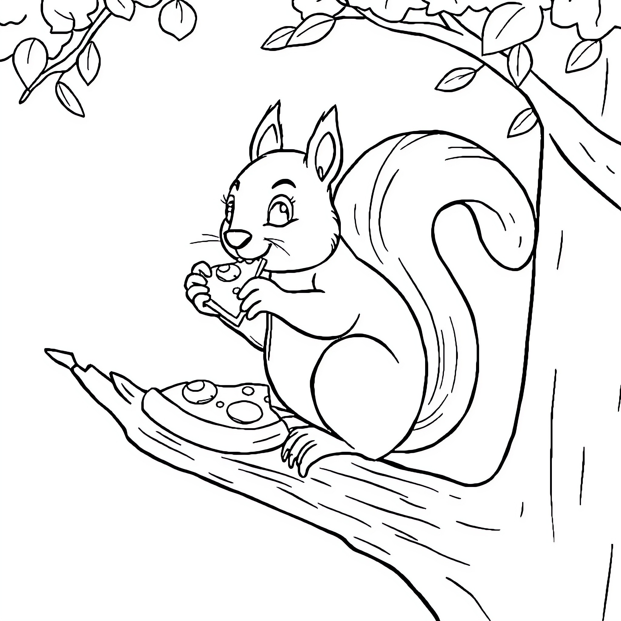 Squirrel enjoying a picnic in the forest Coloring Page (free black-and-white line drawing printable PDF for all, from beginners to advanced learners, including children, teens, adults, and seniors)