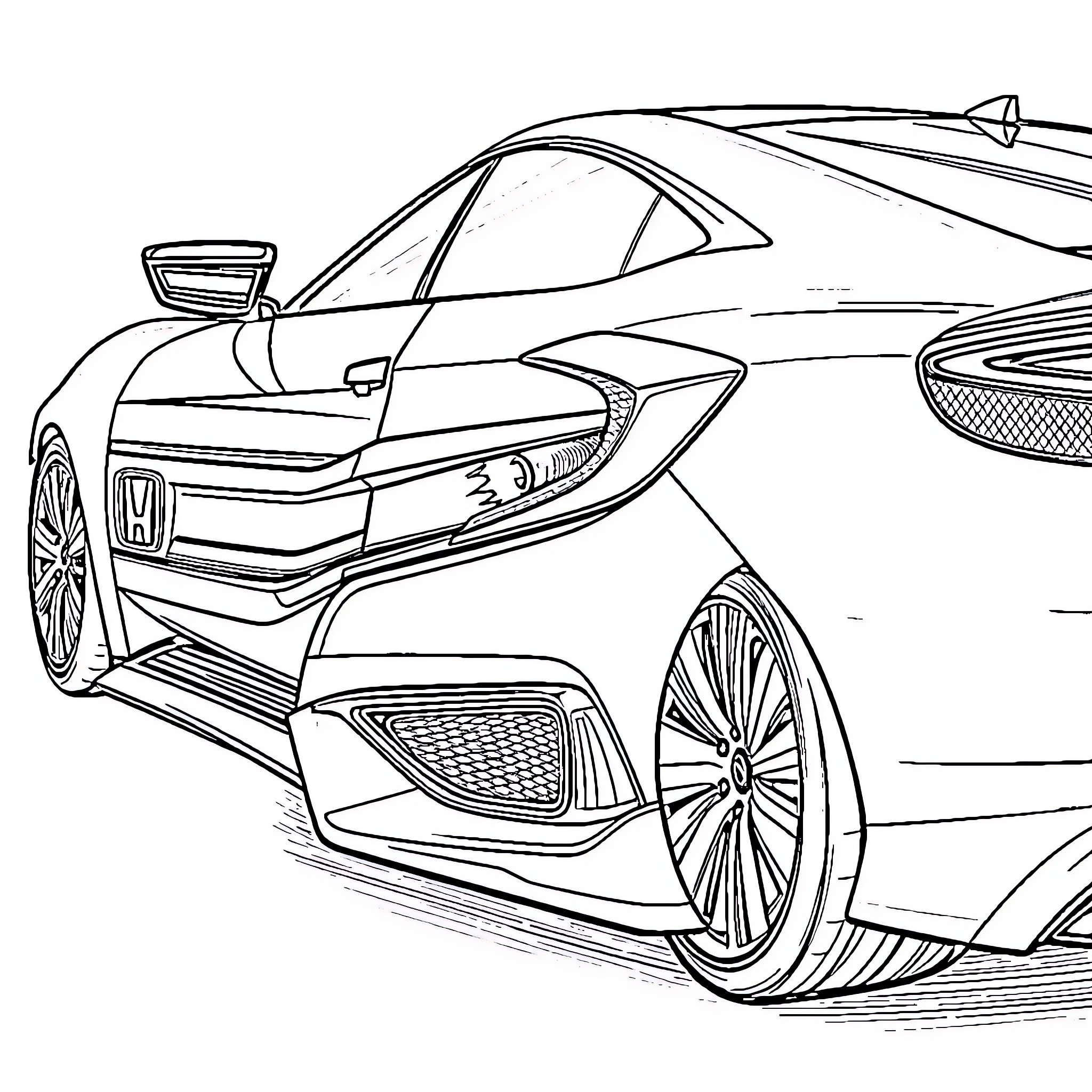 Honda Civic sports car speeding on the road Coloring Page (free black-and-white line drawing printable PDF for all, from beginners to advanced learners, including children, teens, adults, and seniors)