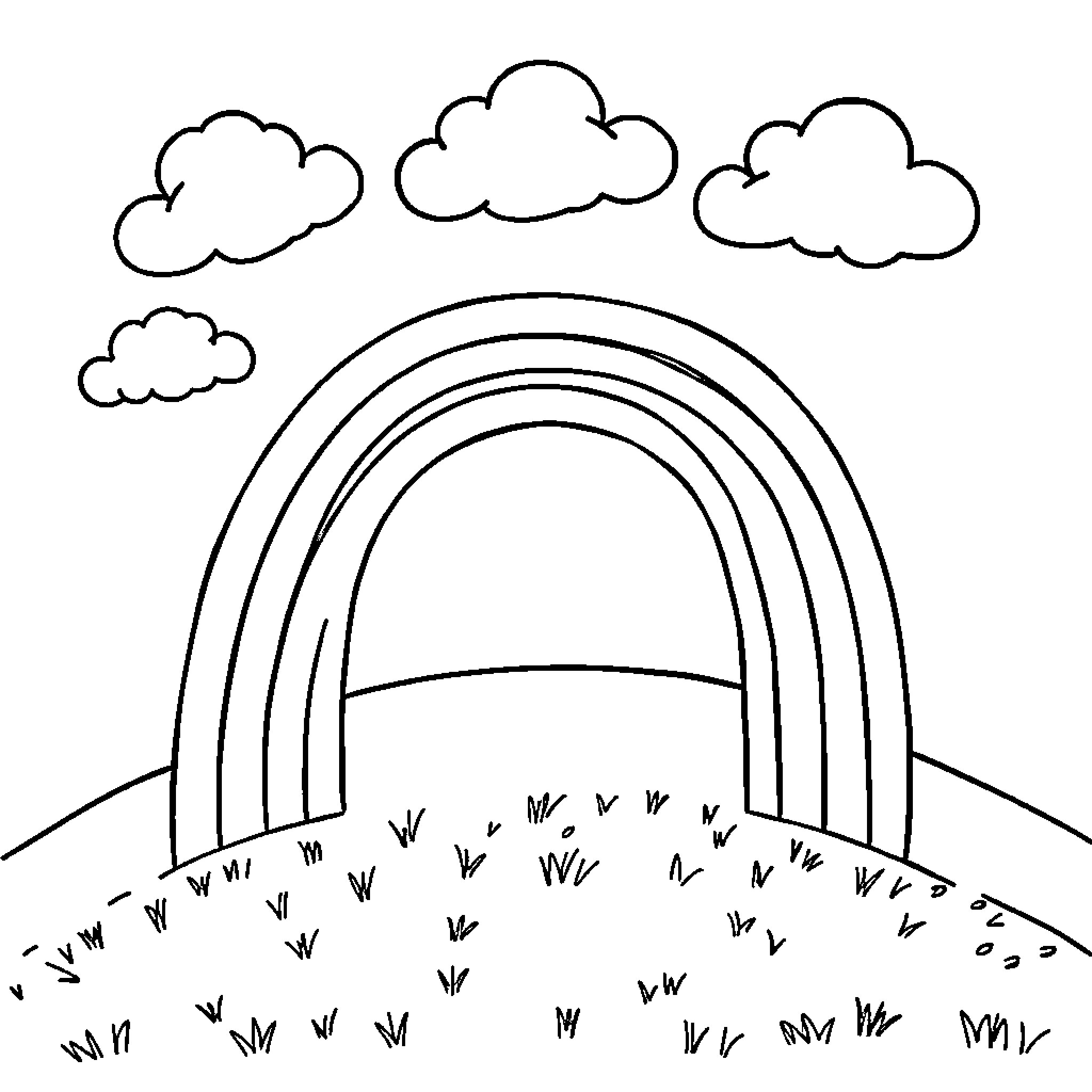 Rainbow arched above a meadow with clouds Coloring Page (free black-and-white line drawing printable PDF for all, from beginners to advanced learners, including children, teens, adults, and seniors)
