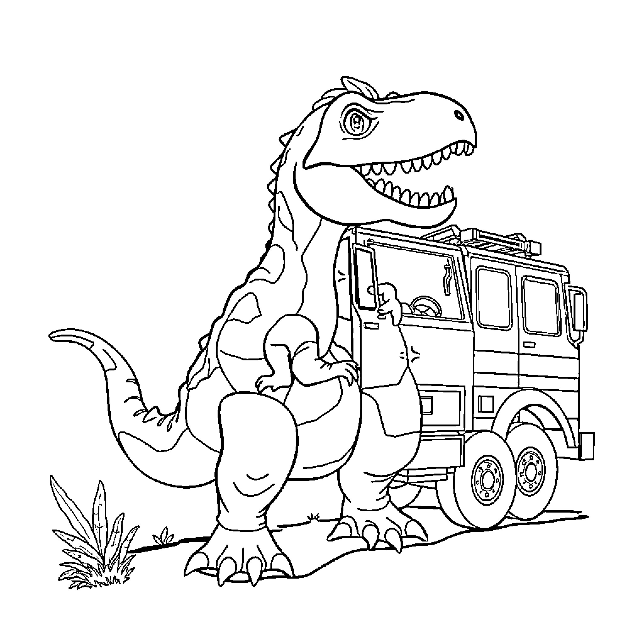 Dino exploring firetruck in the wild Coloring Page (free black-and-white line drawing printable PDF for all, from beginners to advanced learners, including children, teens, adults, and seniors)