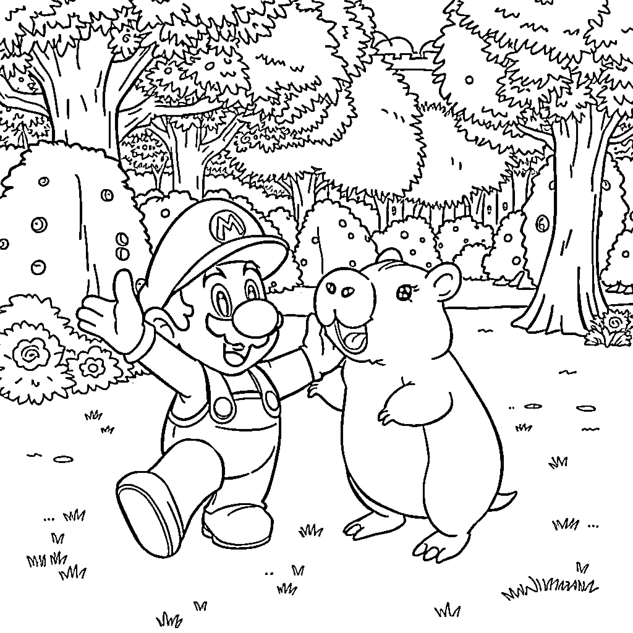 Super Mario and Yoshi Explore Whimsical Forest Landscape Coloring Page (free black-and-white line drawing printable PDF for all, from beginners to advanced learners, including children, teens, adults, and seniors)