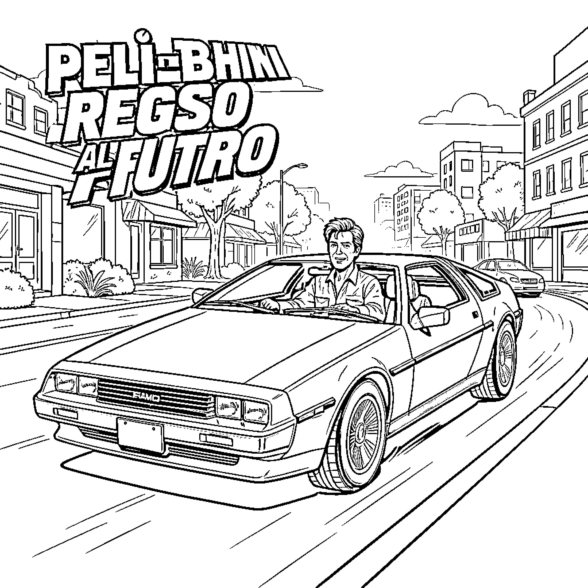 Back to the Future: Time-Traveling Car Adventure Coloring Page (free black-and-white line drawing printable PDF for all, from beginners to advanced learners, including children, teens, adults, and seniors)